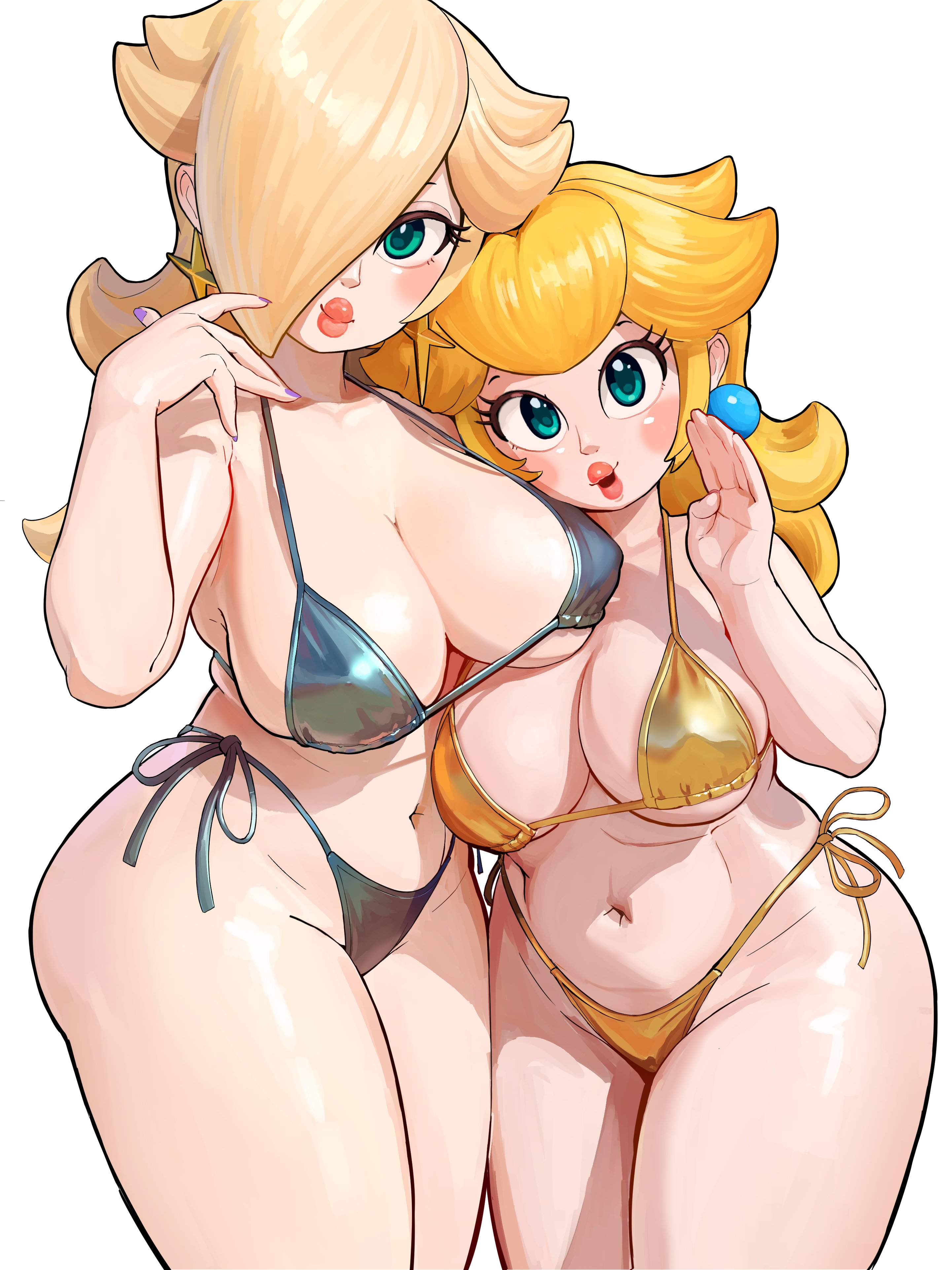 2girls, big breasts, big lips, blonde hair, blue eyes, blush, breasts, earrings, long hair, looking at viewer, mario (series), mineru128127, navel, nintendo, princess peach, princess rosalina, seductive, seductive look, thick thighs, thighs, wide hips