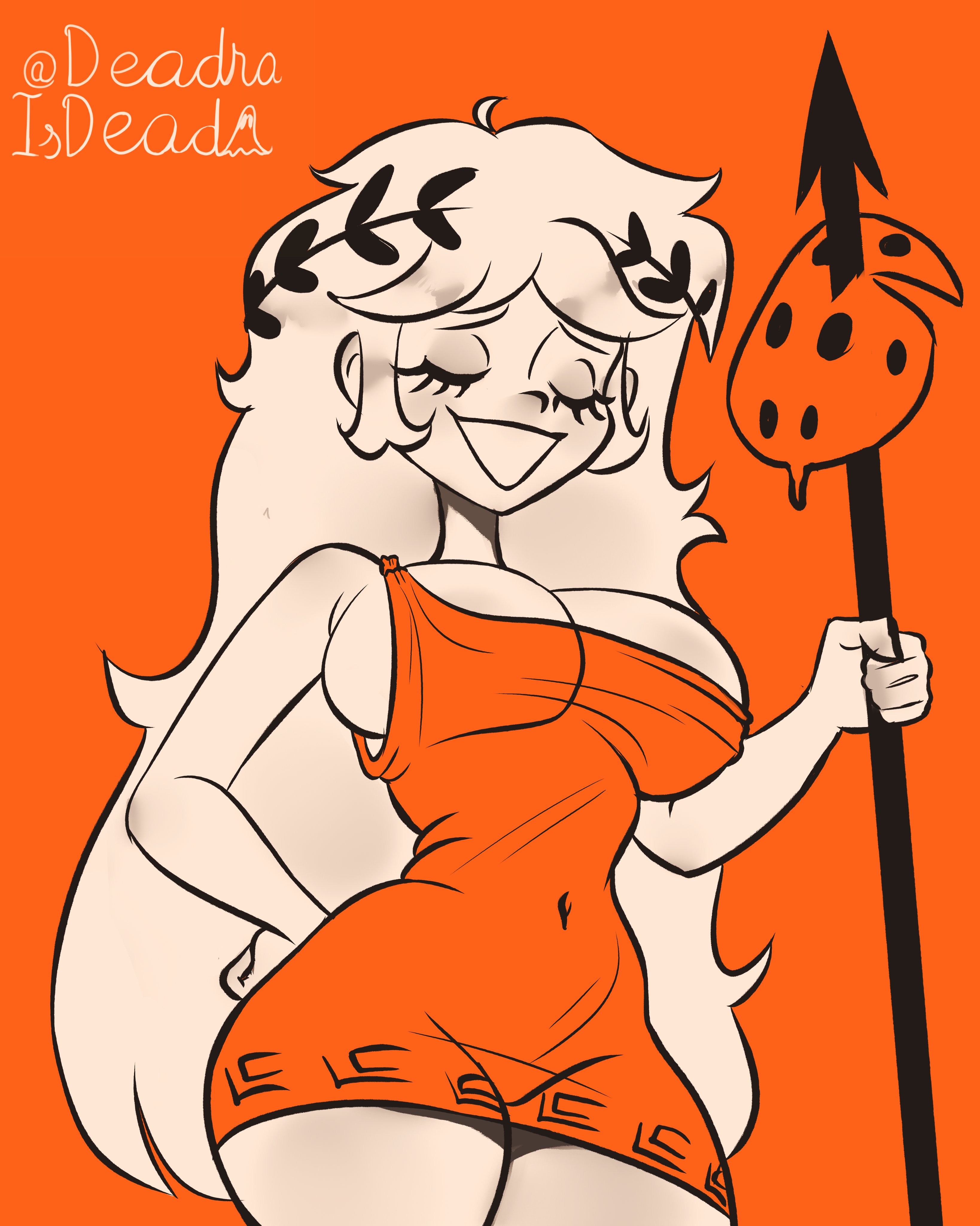 big cleopatra, breasts, closed eyes, deadraisdead, dress, hand on hip, headgear, holding, holding object, large breasts, little caesars, navel, slim waist, smile, tagme, thick thighs, tight clothing, viewed from below, voluptuous, white body, white hair, wide hips
