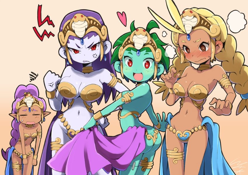 4girls alternate_costume angry angry_vein armor ass bikini bikini_armor blonde_hair blush bracelet braid breast_size_difference breasts brown_eyes closed_eyes cosplay dancer_outfit dancer_risky_boots dancer_rottytops dancer_shantae dancer_sky embarrassed female female_only full_face_blush gem green_hair green_skin groin hand_on_hip happy harem_outfit io_naomichi jewelry large_breasts looking_back medium_breasts multiple_girls nose_blush open_eyes open_mouth pale_skin pointy_ears purple_hair red_eyes risky_boots rottytops shantae shantae_(character) shantae_and_the_pirate's_curse short_hair showgirl_skirt skirt skirt_lift sky_(shantae) small_breasts smile smooth_skin tiara tied_hair twin_braids twintails zombie_girl