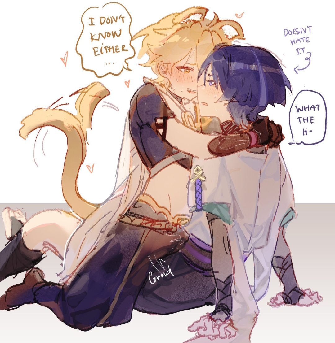 aether (genshin impact), blonde hair, blue hair, blush, blushing, cat ears, cat tail, catboy, clothed, clothing, frotting, gay, genshin impact, grinding, grinding on leg, grinding on penis, grinding through clothes, hard cock, hard on, rubbing, rubbing penis, scaramouche (genshin impact), shy, shy expression, shy male, shy smile, teasing, wanderer (genshin impact), yagisanshi