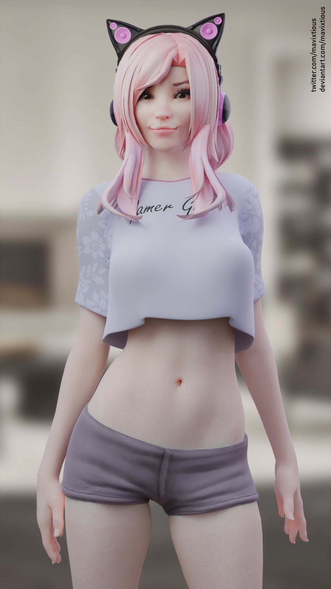 1girls 3d belle_delphine belly belly_button braces brown_eyes cat_ears crop_top cute egirl eyelashes eyeshadow female female_only freckles headphones headset looking_at_viewer mavixtious navel pale-skinned_female pale_skin pink_hair real_person short_sleeves shorts smile teenager tummy twitch_thot