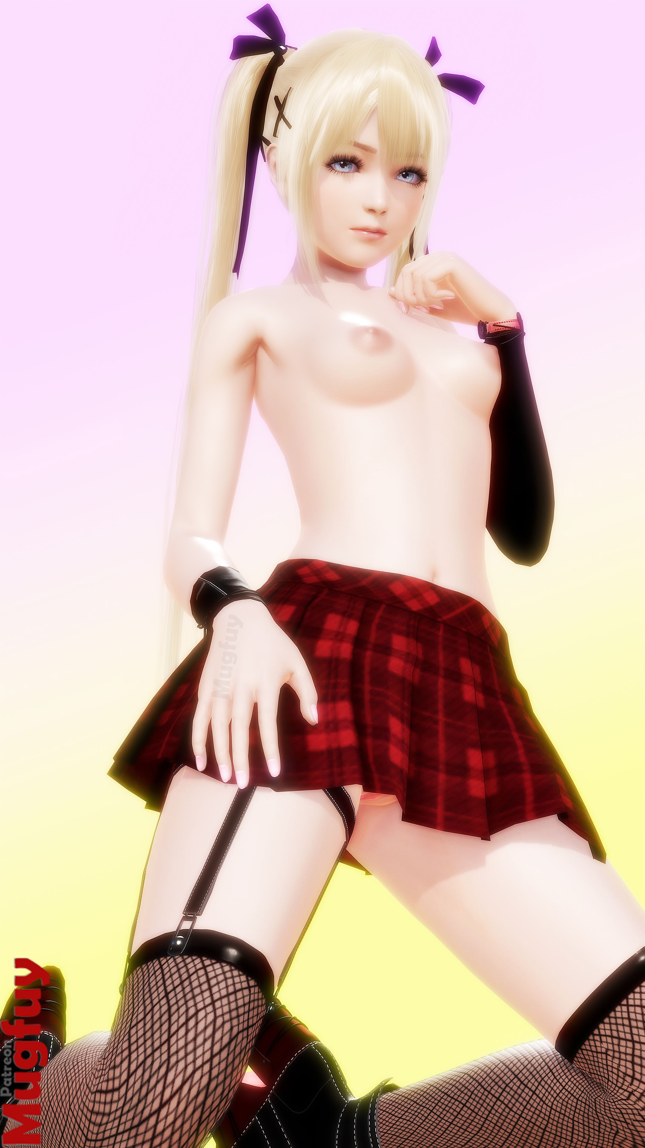1girls, 3d, areolae, blonde female, blonde hair, blonde-haired female, blue eyes, bottomless, breasts, dead or alive, dead or alive 5, female, female only, fishnets, functionally nude, garter, garter straps, hair ribbon, honey select, legwear, long hair, looking at viewer, marie rose, mugfuy, nude, petite, platinum blonde hair, pussy, school uniform, skirt, small breasts, solo, stockings, thighhighs, topless, twintails, upskirt