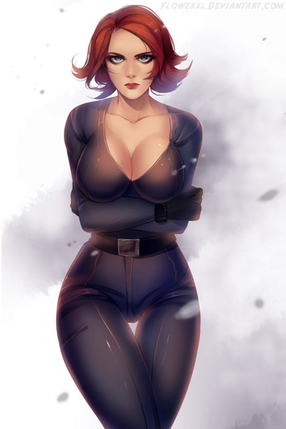 1girls, big breasts, black widow (marvel), bodysuit, breasts, cleavage, crossed arms, female, female only, flowerxl, gloves, hourglass figure, human, human only, light skin, light-skinned female, marvel, marvel comics, mature, mature female, natasha romanoff, red hair, short hair, solo, solo female, superheroine, voluptuous