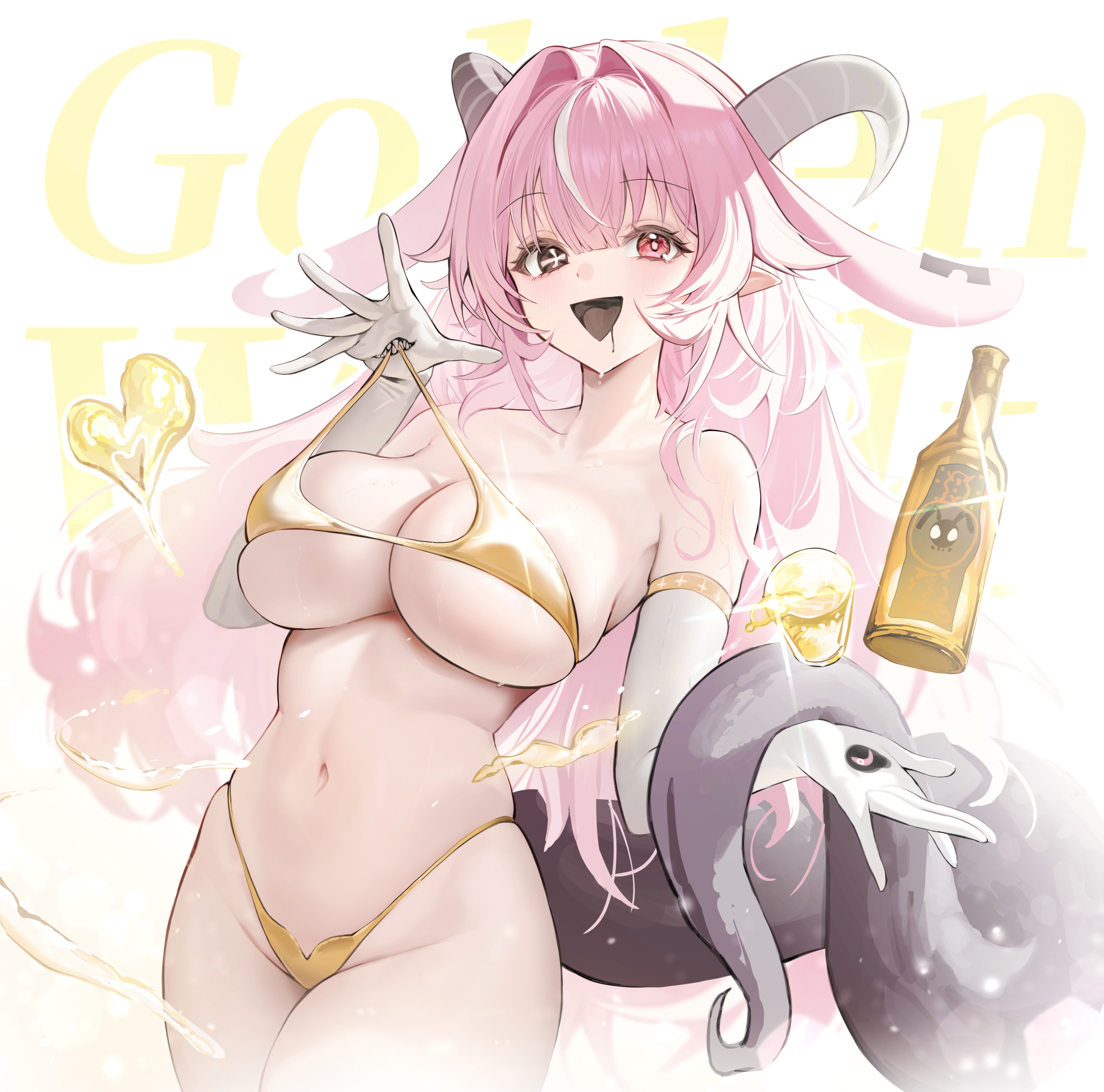 :d, 1girl, absurdres, bikini, black horns, bottle, breasts, commentary, cup, drunken goddess reflux, elbow gloves, female, female only, femme soule, gloves, gold bikini, golden week, heterochromia, highres, horns, large breasts, long hair, looking at viewer, mismatched pupils, movik, navel, open mouth, pink eyes, pink hair, pointy ears, pukey goddess shot trick, smile, solo, swimsuit, tail, thighs, white gloves
