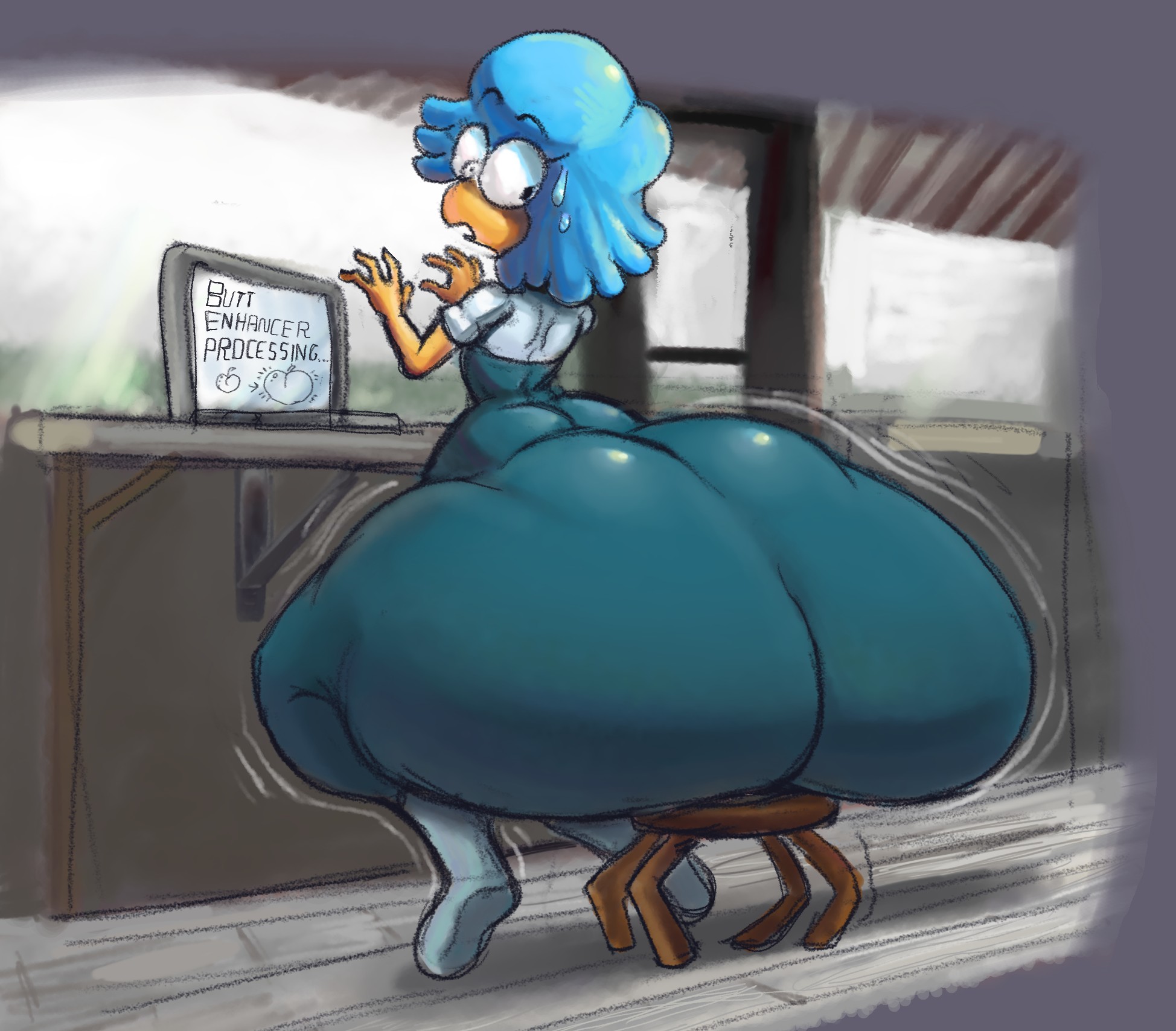 , 1girls, ass, blue hair, cartoon network, computer, degeneratepump, female, female focus, female only, flat chest, flight attendant (the amazing world of gumball), hips, hyper, hyper ass, laptop, large ass, looking back, stool, sweat, sweatdrop, the amazing world of gumball, thick thighs, thighs, wide hips