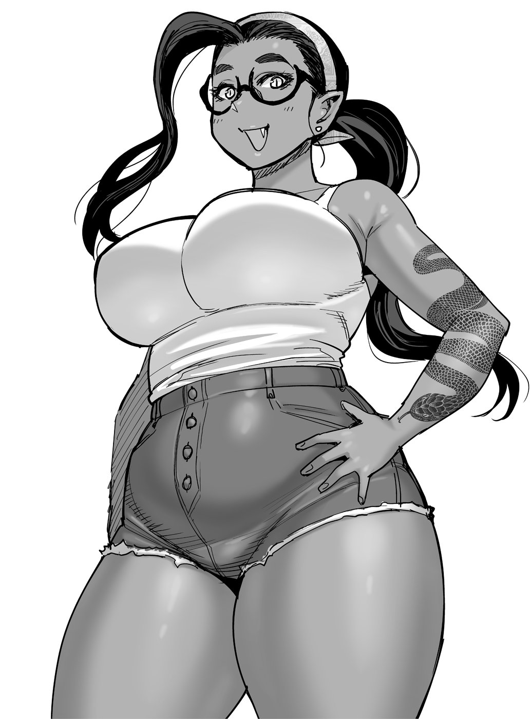 1girls bbw big_breasts breasts curvy cute_fang dark-skinned_female dark_skin earrings elf-san_wa_yaserarenai fang female glasses gorgon hairband hand_on_hip hotpants huge_breasts humanoid long_hair medesa monochrome plump ponytail simple_background sketch slightly_chubby synecdoche tank_top tattoo thick_thighs thighs wide_hips