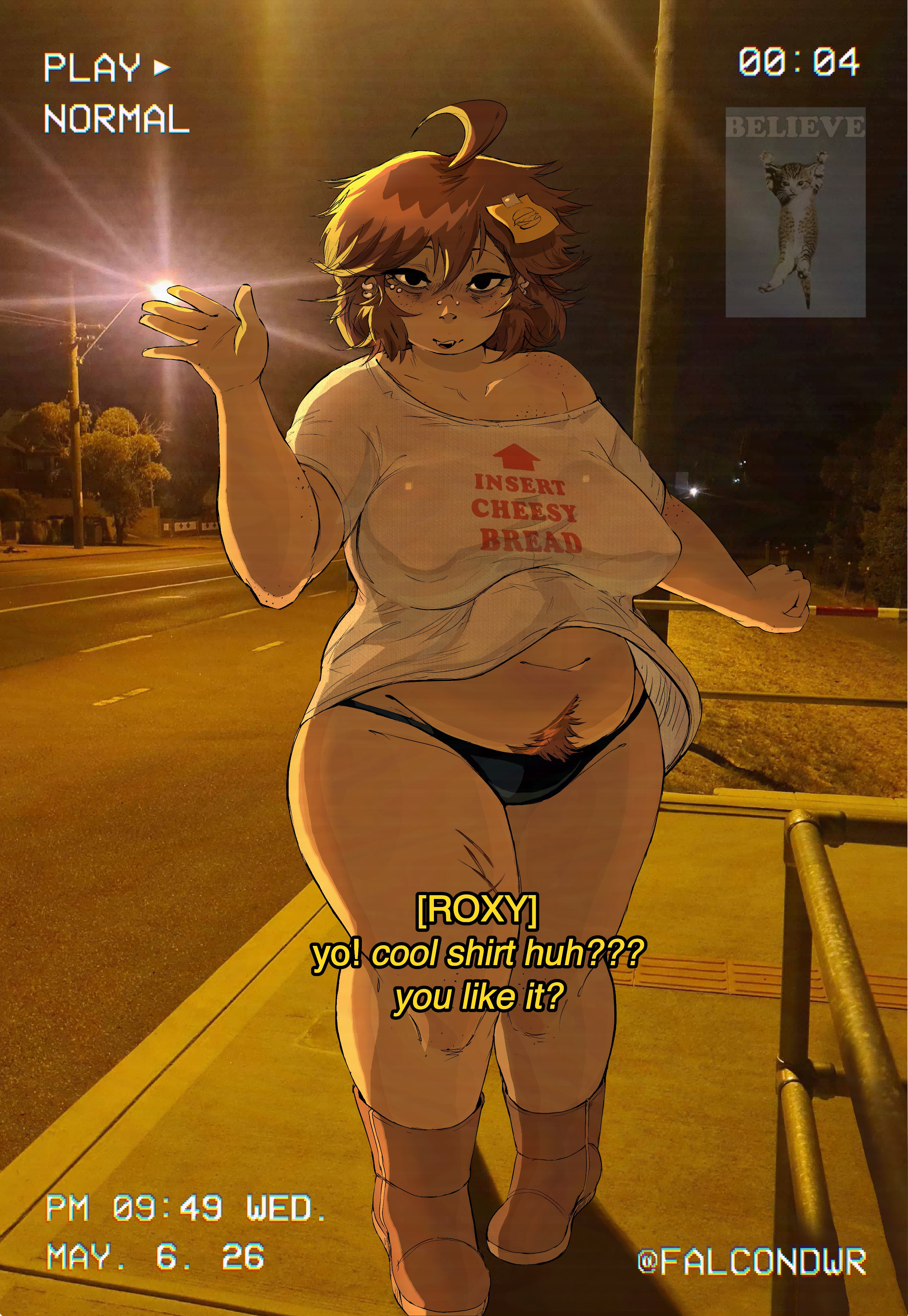 1girls, areolae visible through clothing, big boobs, big breasts, brunette hair, chubby, chubby female, falcondwr, happy trail, no bra under clothes, no pants, rainforest pussy, realistic background, roxanne (falcondwr), roxy (falcondwr), see-through shirt, vhs filter, white shirt