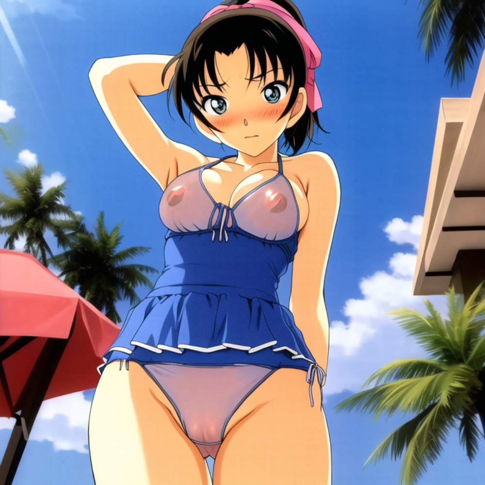 1girls ai_generated arm_behind_back arm_behind_head blue_eyes blush breasts brown_hair closed_mouth curvy detective_conan female female_only green_eyes hair_ribbon human kazuha_toyama kxy large_breasts pale-skinned_female pale_skin palm_trees pink_ribbon ponytail seethrough_clothing short_hair sky stable_diffusion sunny swimsuit thick_thighs wide_hips