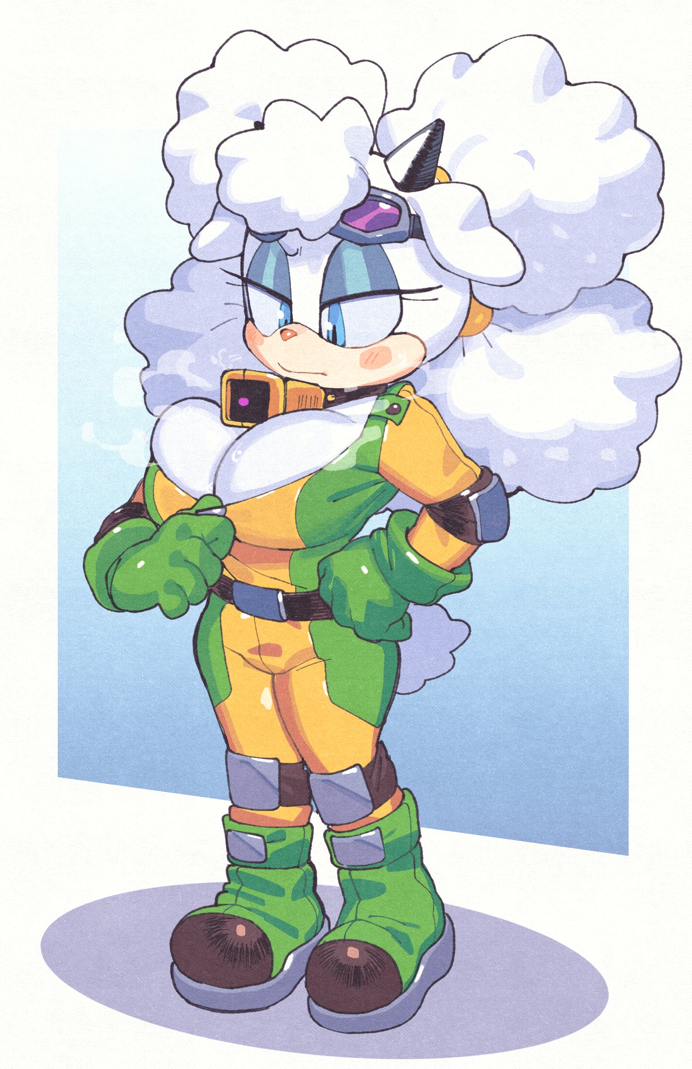 1girl, afro puffs, animal ears, annoyed, bell, belt, big breasts, big hair, blue eyes, blush, blushing, bodysuit, boots, breasts, caprine, cleavage, collar, commentary, commission, cowbell, elbow pads, english commentary, eyelashes, full body, furry, furry female, goggles, goggles on head, green bodysuit, green boots, half-closed eyes, hand on own hip, highres, hyperbithero, inconvenient breasts, inkerton-kun, inkuusan, knee pads, lanolin the sheep, lanolin the sheep (riders), large breasts, light blush, light frown, looking at breasts, looking at self, looking down, multicolored bodysuit, neck bell, purple-tinted eyewear, quad buns, racing suit, second-party source, sega, sheep ears, sheep girl, solo, sonic (series), sonic riders, sonic the hedgehog (idw), sonic the hedgehog (series), steaming body, sweat, tinted eyewear, two-tone bodysuit, white fur, white hair, yellow bodysuit, zipping