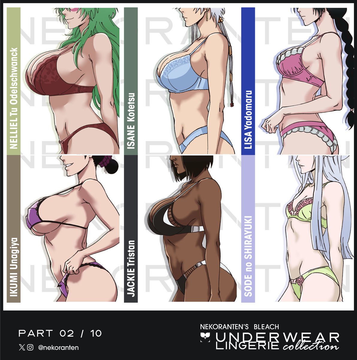 2d, 2d (artwork), big breasts, bigger female, bleach, bleach: the thousand-year blood war, breast chart, breasts, chart, dark-skinned female, female, female only, fit, fit female, huge breasts, ikumi unagiya, isane kotetsu, jackie tristan, kotetsu isane, large breasts, lingerie, lingerie only, lisa yadomaru, medium breasts, milf, multiple girls, nekoranten, nelliel tu odelschwanck, panties, petite, petite body, petite female, side boob, side view, six pack, small breasts, smaller female, smiling, smirk, sode no shirayuki, sports bra, tagme, tall, taller female, teenager, text, unagiya ikumi, underboob, underwear, voluptuous, voluptuous body, voluptuous female, yadoumaru lisa
