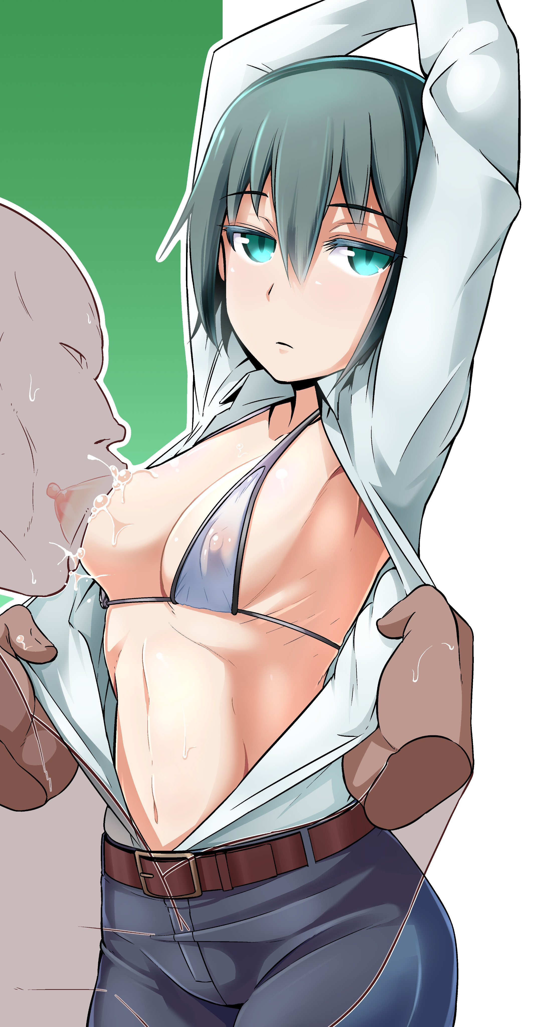 arms up, bikini, bored, breast sucking, breasts, female, high resolution, open clothes, open shirt, piku0piku, see-through, short hair, small breasts, swimsuit