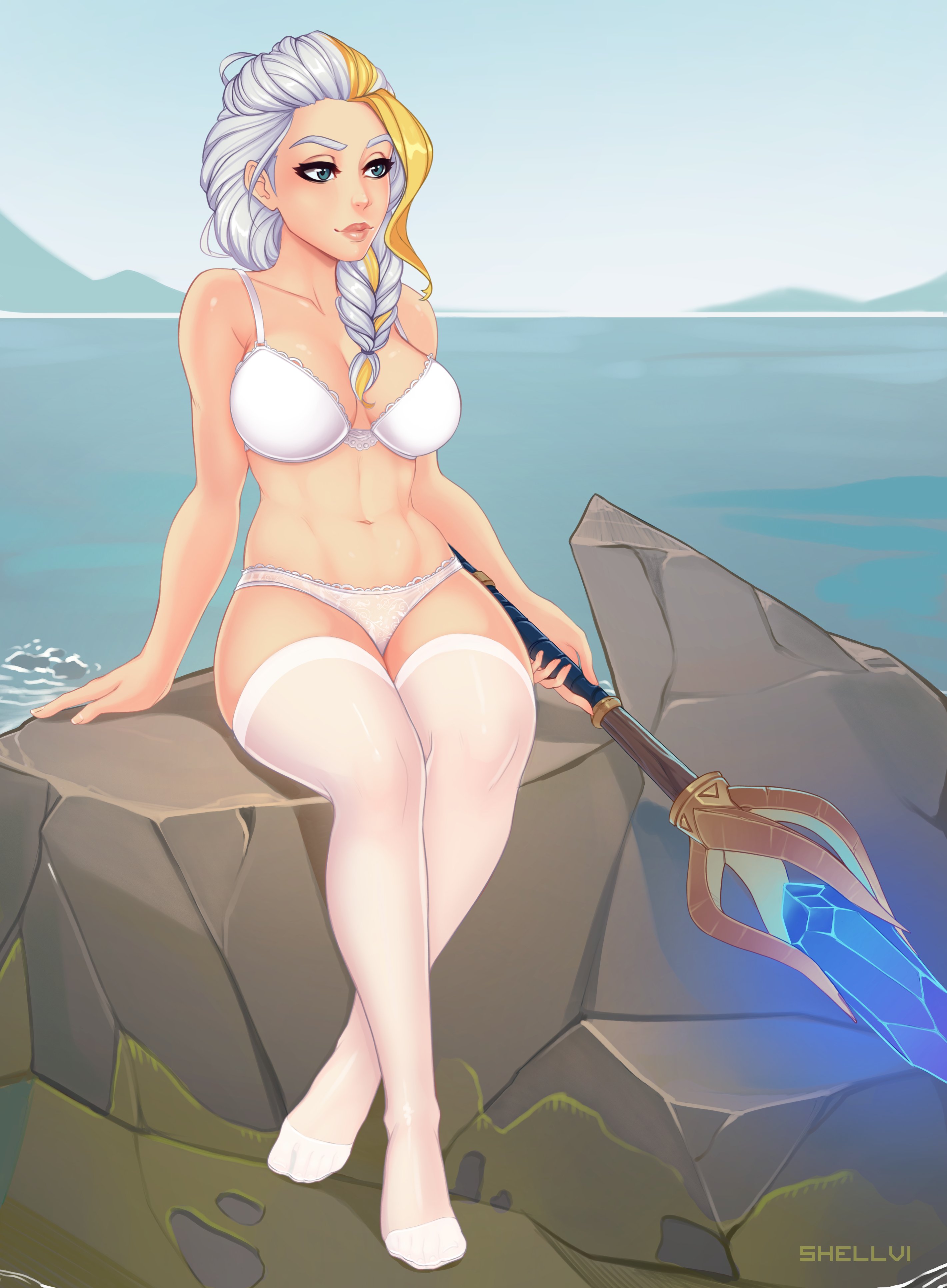 1girls, absurdres, breasts, cleavage, female, female only, highres, jaina proudmoore, panties, shellvi, solo, thighhighs, world of warcraft