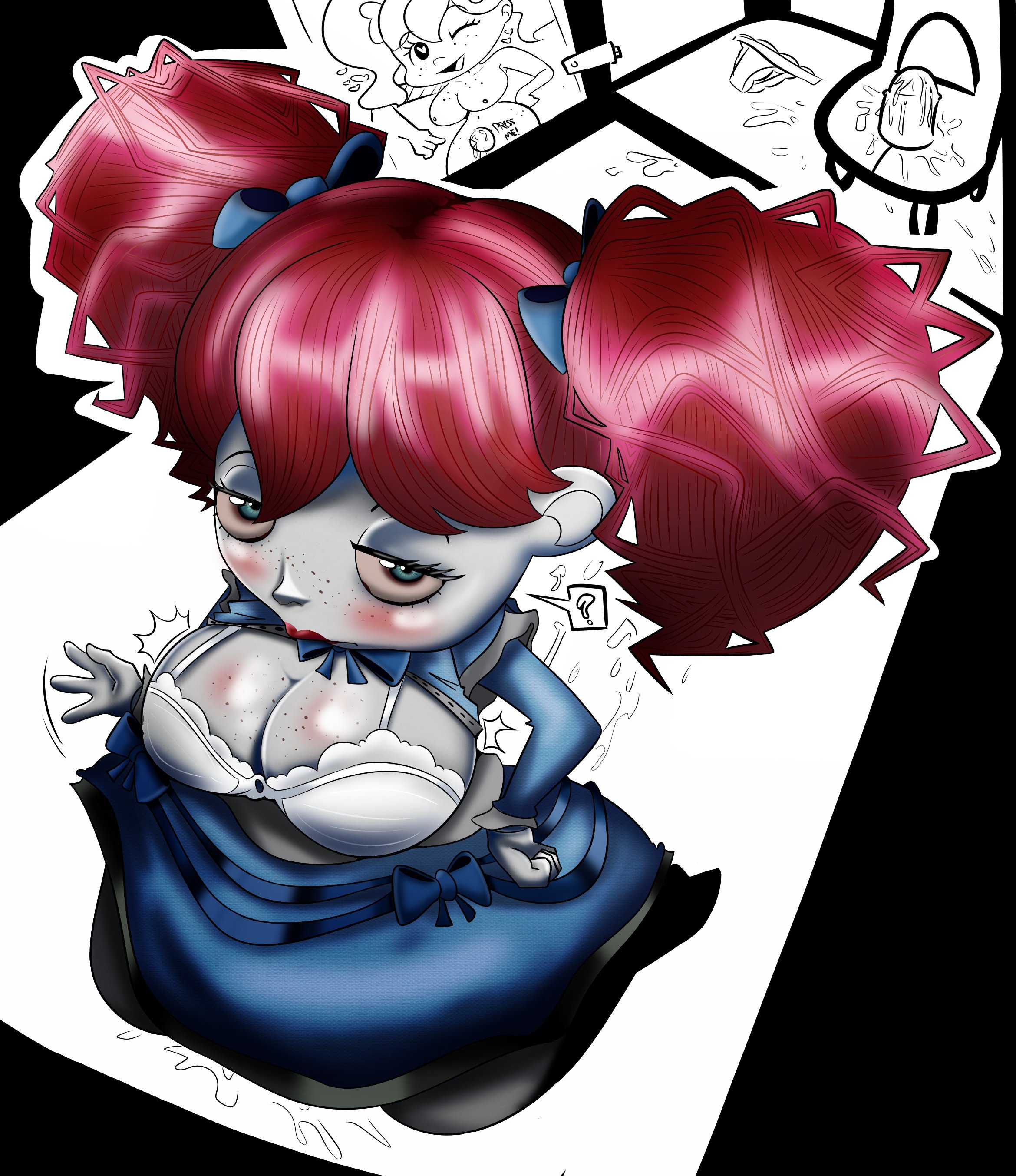 ?, 1female, 1girls, big breasts, blue dress, blue eyes, blush, bra, breasts, curly hair, dildo, dildo on chair, dress, eyes half open, female, female focus, female only, freckles, freckles on breasts, freckles on face, from above, half-closed eyes, looking at viewer, looking up, mysaltisexposed, panties, picture, pigtails, poppy (poppy playtime), poppy playtime, pussy juice, red hair, ribbons, shortstack, solo, solo female, solo focus, tagme, twintails, white skin