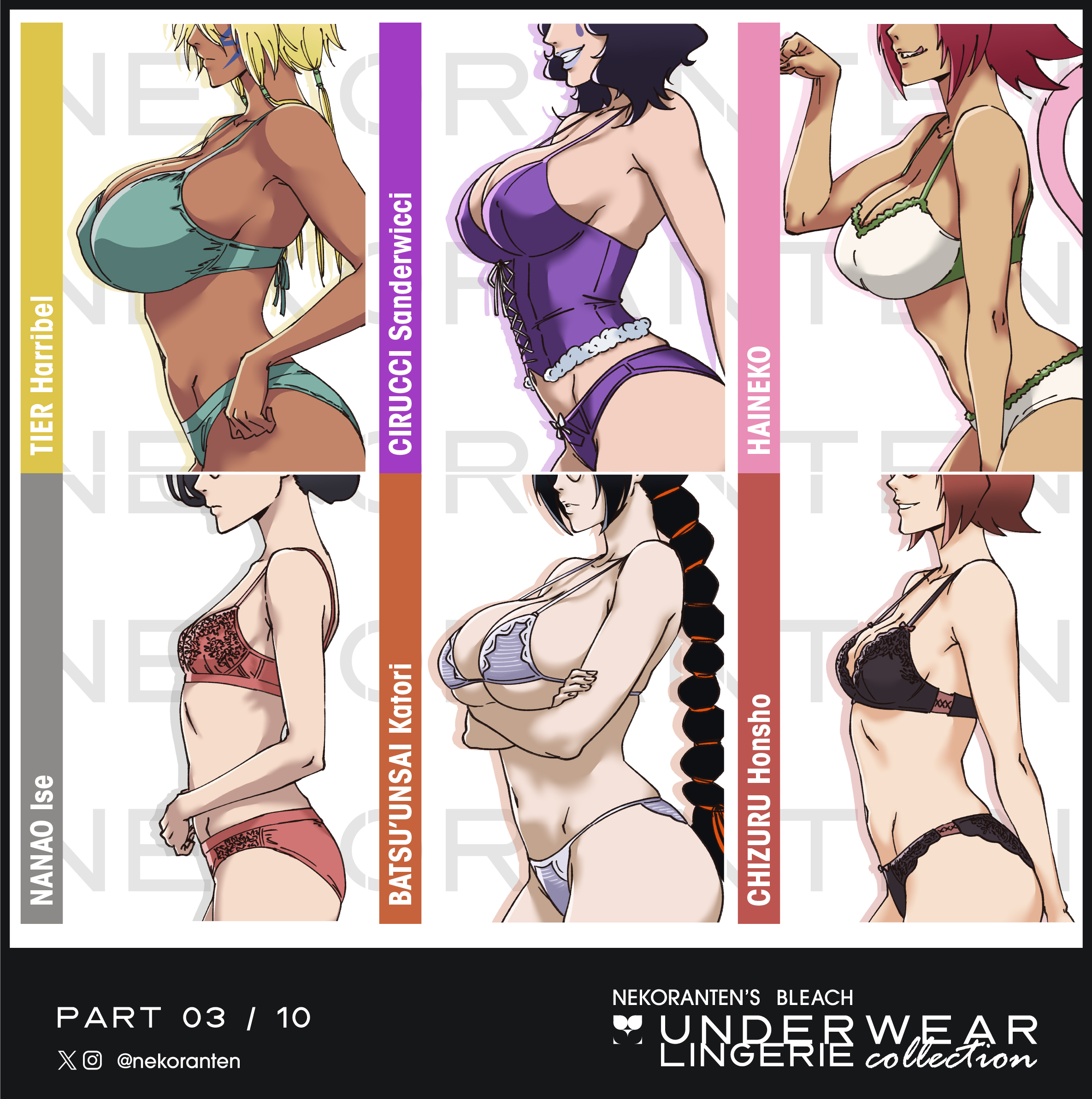 2d, 2d (artwork), big breasts, bigger female, bleach, bleach: the thousand-year blood war, breast chart, breasts, chart, chizuru honsho, cirucci sanderwicci, cirucci thunderwitch, dark-skinned female, female, female only, fit, fit female, haineko, honshou chizuru, huge breasts, ise nanao, katori batsu'unsai, large breasts, lingerie, lingerie only, medium breasts, milf, multiple girls, nekoranten, panties, petite, petite body, petite female, side boob, side view, six pack, small breasts, smaller female, smiling, smirk, sports bra, tagme, tall, taller female, teenager, text, tia harribel, tier harribel, underboob, underwear, voluptuous, voluptuous body, voluptuous female