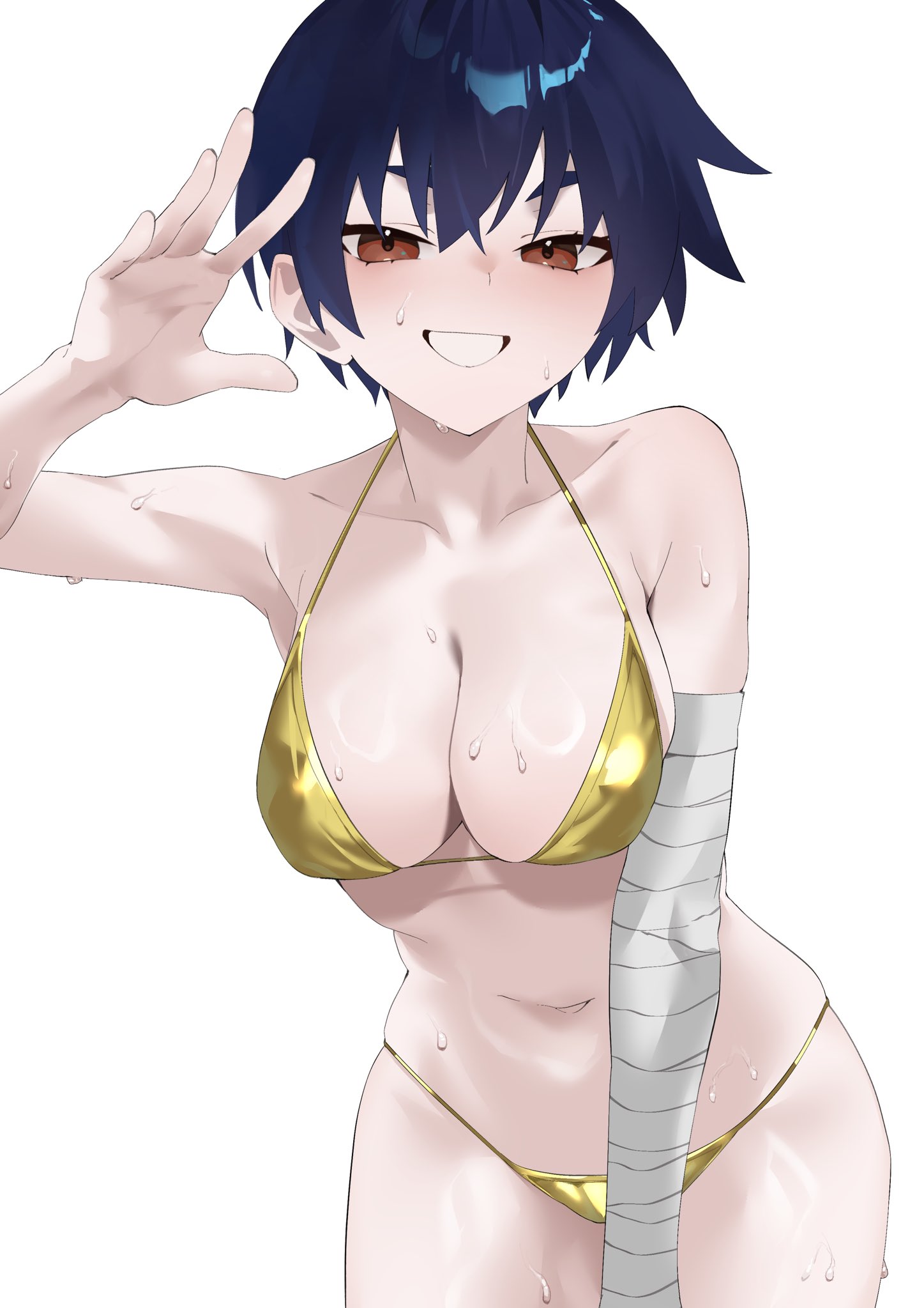 arril100, female, female only, golden bikini, golden week, kanbaru suruga, looking at viewer, monogatari (series), short hair, sweat, sweatdrop, tagme