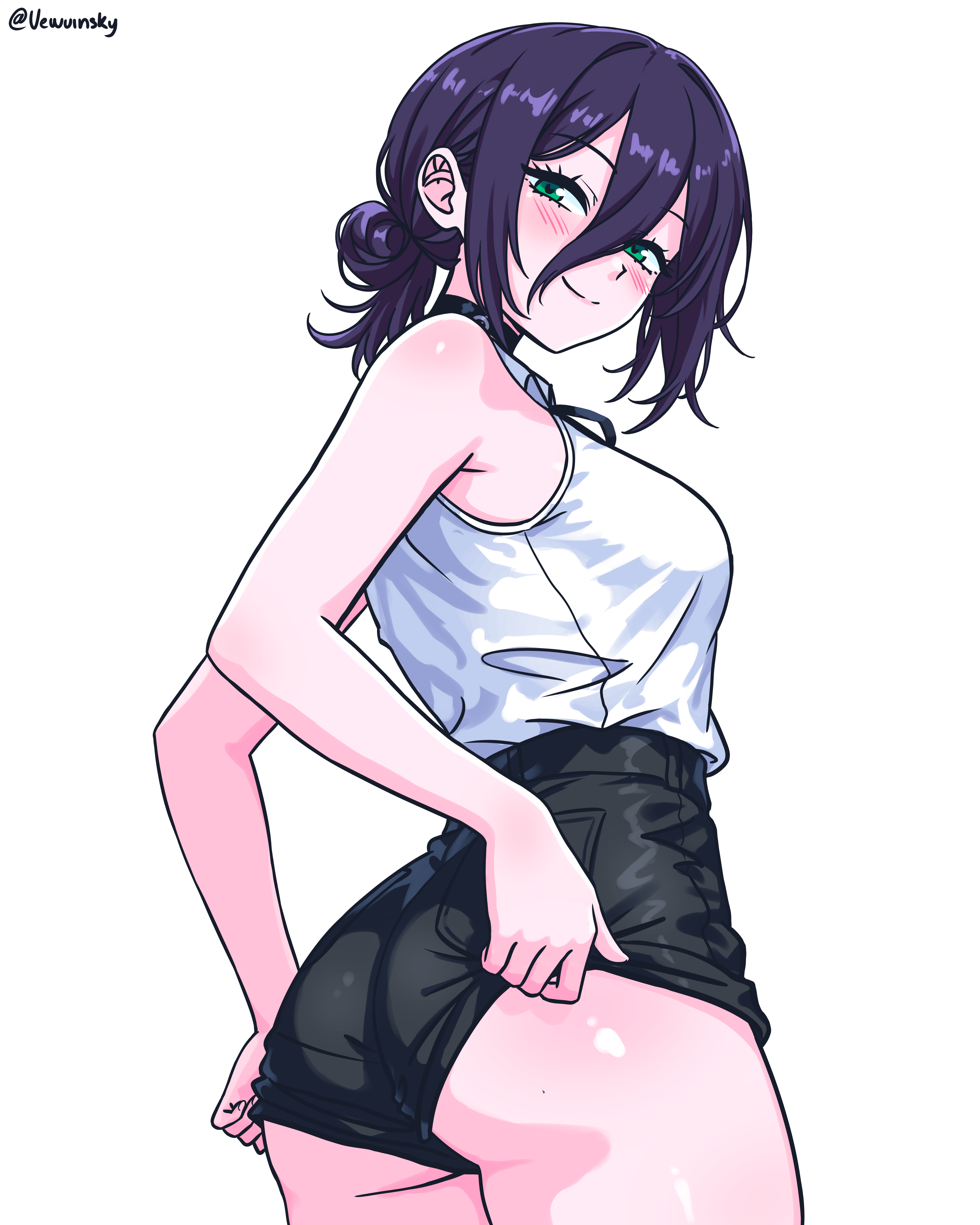 1girls, artist name, ass, big ass, black shorts, blush, bottomwear, breasts, chainsaw man, choker, female, female only, green eyes, hair, hair bun, looking back, neckwear, purple hair, reze (chainsaw man), shirt, short shorts, shorts, smile, solo, solo female, thighs, topwear, vewuinsky, white background, white shirt