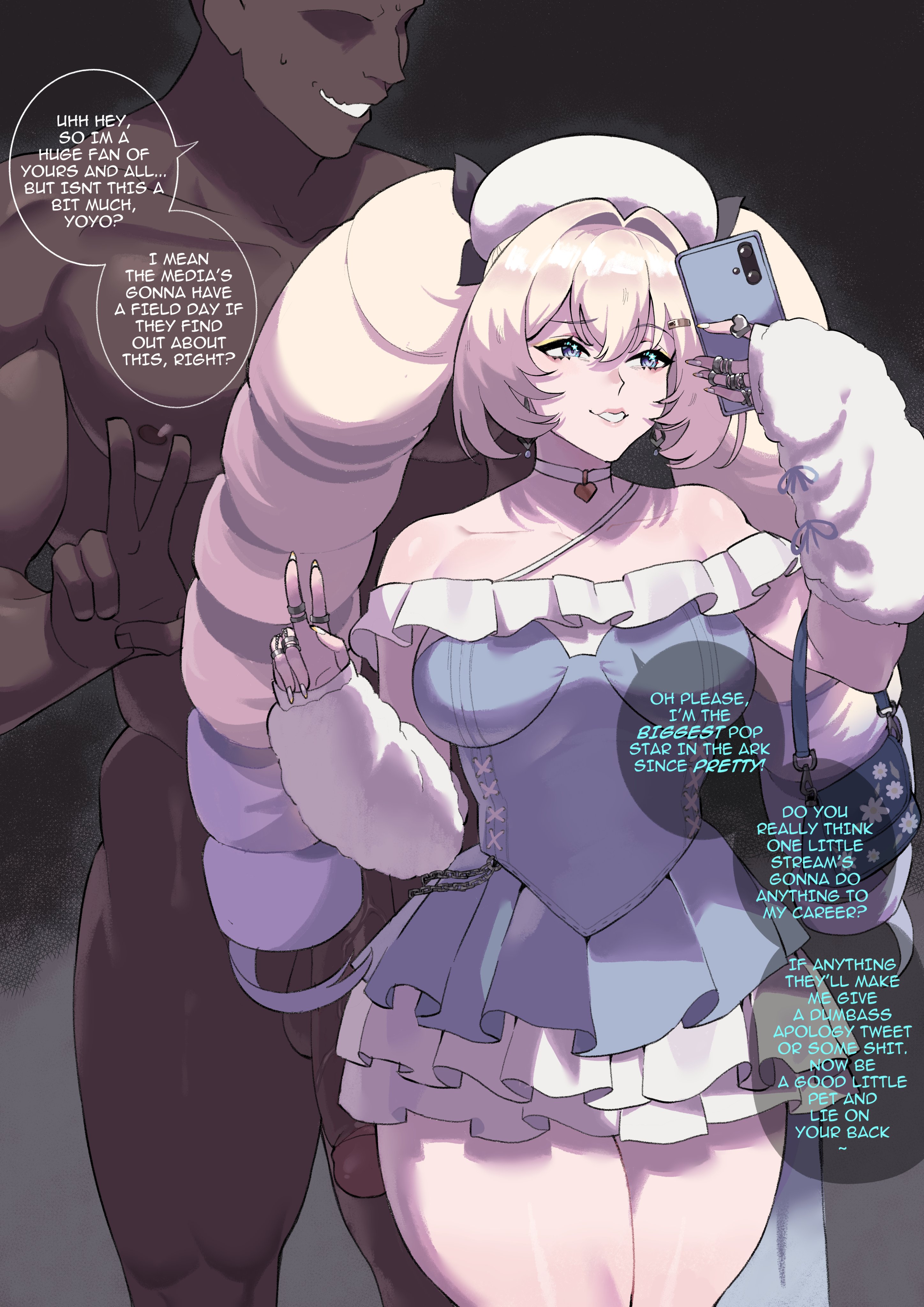 1boy, 1girls, bag, big breasts, big penis, bitch, blonde hair, breasts, clothed female nude male, clothing, dark skin, dark-skinned male, detached sleeves, english text, female, goddess of victory: nikke, guttsuko, handbag, hat, light skin, light-skinned female, penis, phone, purple eyes, rings, smartphone, speech bubble, text, thick thighs, uncensored, yoyo (nikke)