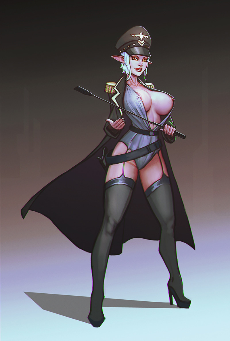 breasts, cape, elf, female, full body, garter straps, gradient background, heels, high heels, huge breasts, kastep, nipple slip, no bra, open clothes, original, pointy ears, short hair, solo, standing, uniform