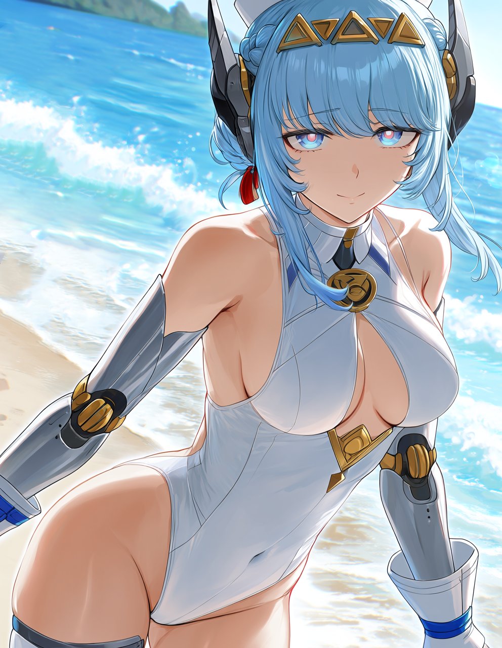 1girls, 2d, 2d (artwork), ai, ai art, ai generated, beach, beach background, blue eyes, blue hair, day, female, female focus, female only, front view, genshin impact, headset, ineffa (genshin impact), light skin, light-skinned female, looking at viewer, mihoyo, mihoyo technology (shanghai) co. ltd., ocean, one-piece swimsuit, outdoors, robot, robot girl, robot humanoid, robotic arm, sand, short hair, sky, slim girl, smiling, smiling at viewer, solo, solo female, solo focus, standing, swimsuit, timmytommy, water, white swimsuit, young, younger female