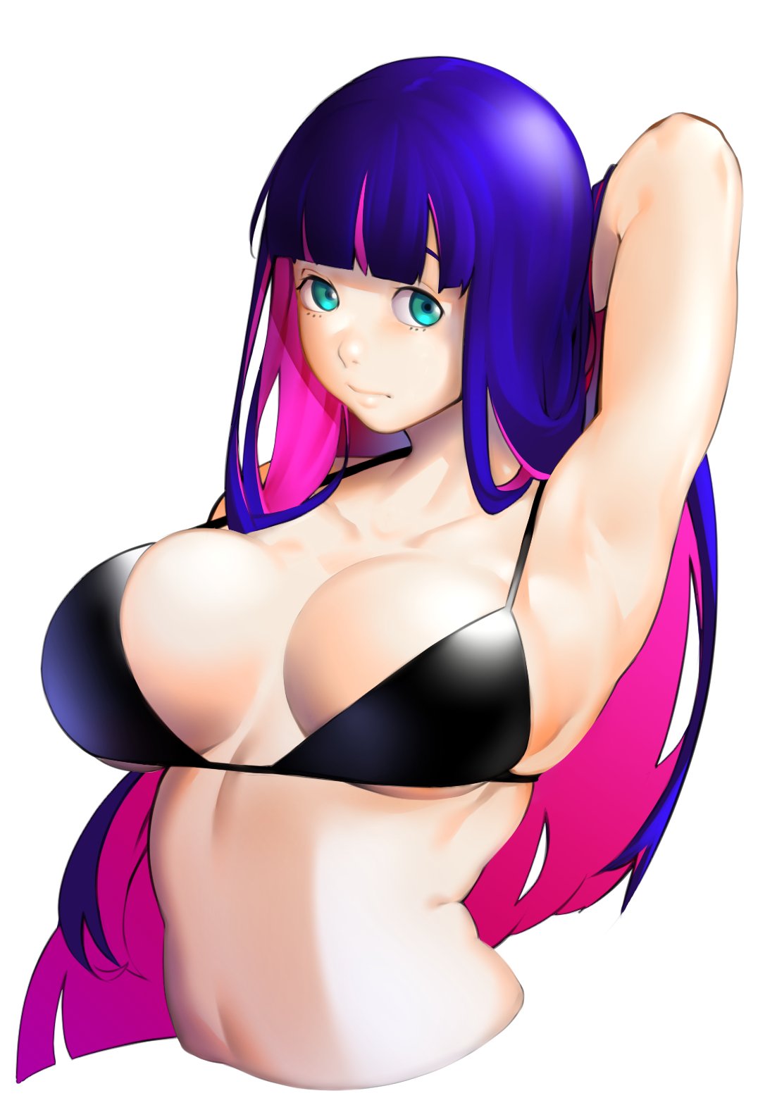 aqua_eyes arm_behind_head armpits bangs bikini black_bikini black_bikini_top black_swimsuit blue_hair blunt_bangs breasts clavicle dark_blue_hair dyun female high_resolution large_breasts long_hair looking_at_viewer midriff multicolored_hair panty_&_stocking_with_garterbelt pink_hair purple_hair simple_background skindentation solo stocking_anarchy straight_hair swimsuit torso two-tone_hair underboob upper_body white_background