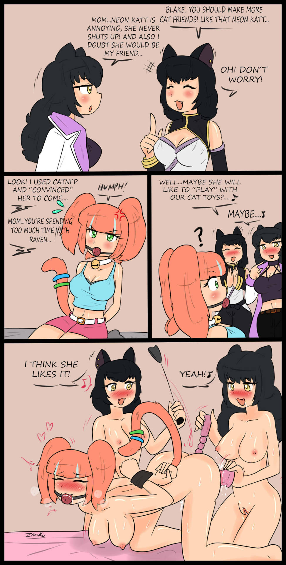 2d, 3girls, amber eyes, black hair, blake belladonna, blush, bondage, breasts, cat ears, comic, dominant female, female, female only, femdom, femsub, green eyes, heart, kali belladonna, large breasts, long hair, mother and daughter, multiple doms, multiple doms one sub, multiple females, multiple girls, neon katt, nude, nude female, red hair, rwby, submissive female, text, toy, yuri, zronku