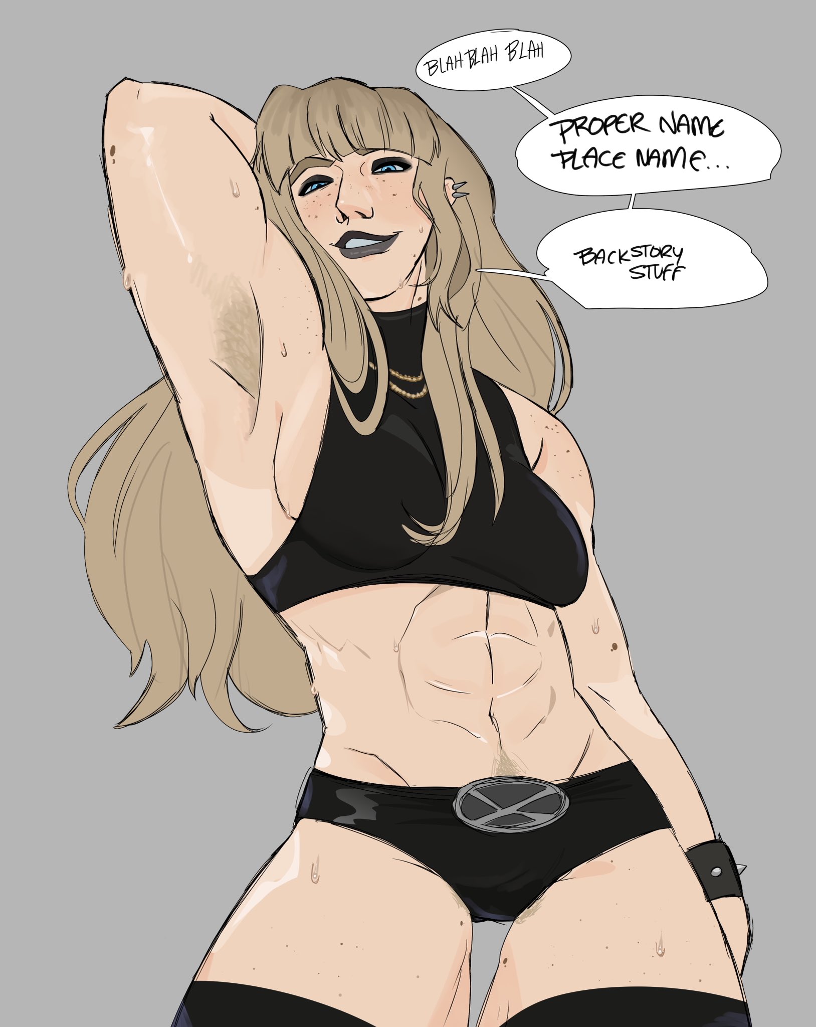 1female, 1girl, 1girls, 2020s, 2025, abs, armpit, armpit focus, armpit hair, black lips, black lipstick, black sports bra, black text, black topwear, blah blah blah, blonde armpit hair, blonde hair, blonde pubic hair, bracelet, bracelets, clip studio paint (artwork), clip studio paint (medium), digital drawing (artwork), digital media (artwork), ear piercing, english text, female, female focus, female only, freckled body, freckled face, freckled legs, freckled shoulders, freckles, freckles on body, freckles on face, freckles on legs, freckles on shoulders, gray background, grey background, happy trail, hi res, high resolution, highres, human, human focus, human only, lipstick, long hair, looking at viewer, magik (illyana rasputin), maltapuppy, marvel, marvel comics, meme, midriff, movie reference, muscular female, navel, necklace, piercings, pubic hair, simple background, solo, solo female, solo human, speech bubble, spiked bracelet, sports bra, sweaty, sweaty armpits, sweaty body, the lego movie, three-quarter portrait, topwear, white speech bubble, x-men
