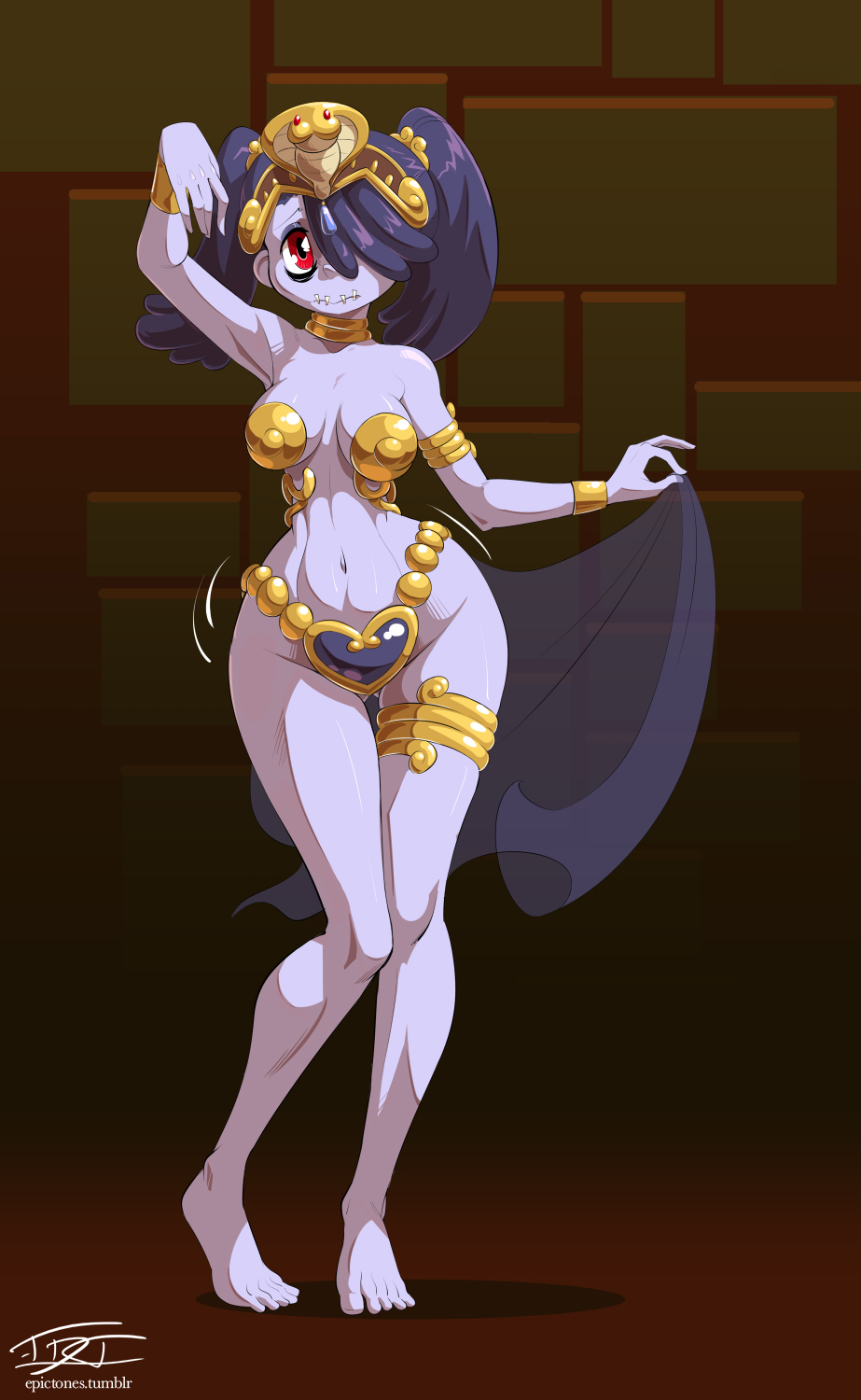 1girls, bare shoulders, bikini, bikini armor, breasts, dancer outfit, embarrassed, feet, female, female only, full body, gem, harem outfit, jewelry, large breasts, long hair, metal bikini, navel, purple hair, red eyes, shantae, skull hair ornament, skullgirls, solo, squigly, swimsuit, tiara, toes, zombie girl