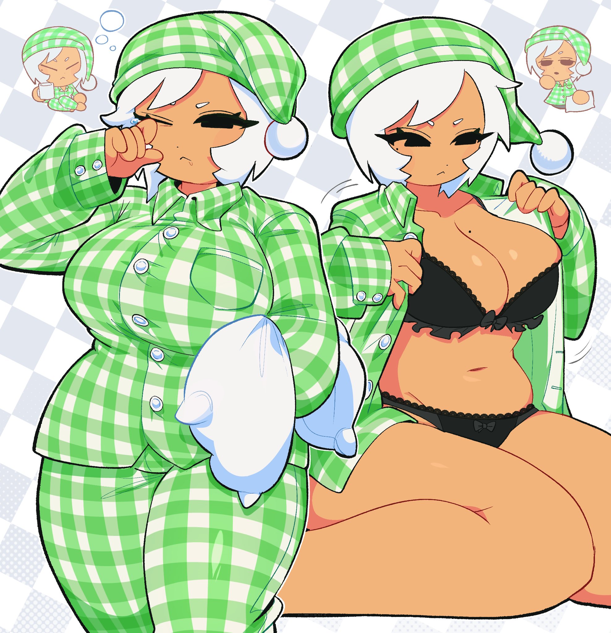 1girls, 2026, black bra, black eyes, black panties, bra, breasts, cleavage, clothed, clothed female, female, female only, hat, komugi (riki0731), mii, mole, mole on breast, multiple views, navel, nightcap, oc, open clothes, original character, pajamas, panties, riki0731, short hair, thighs, white hair