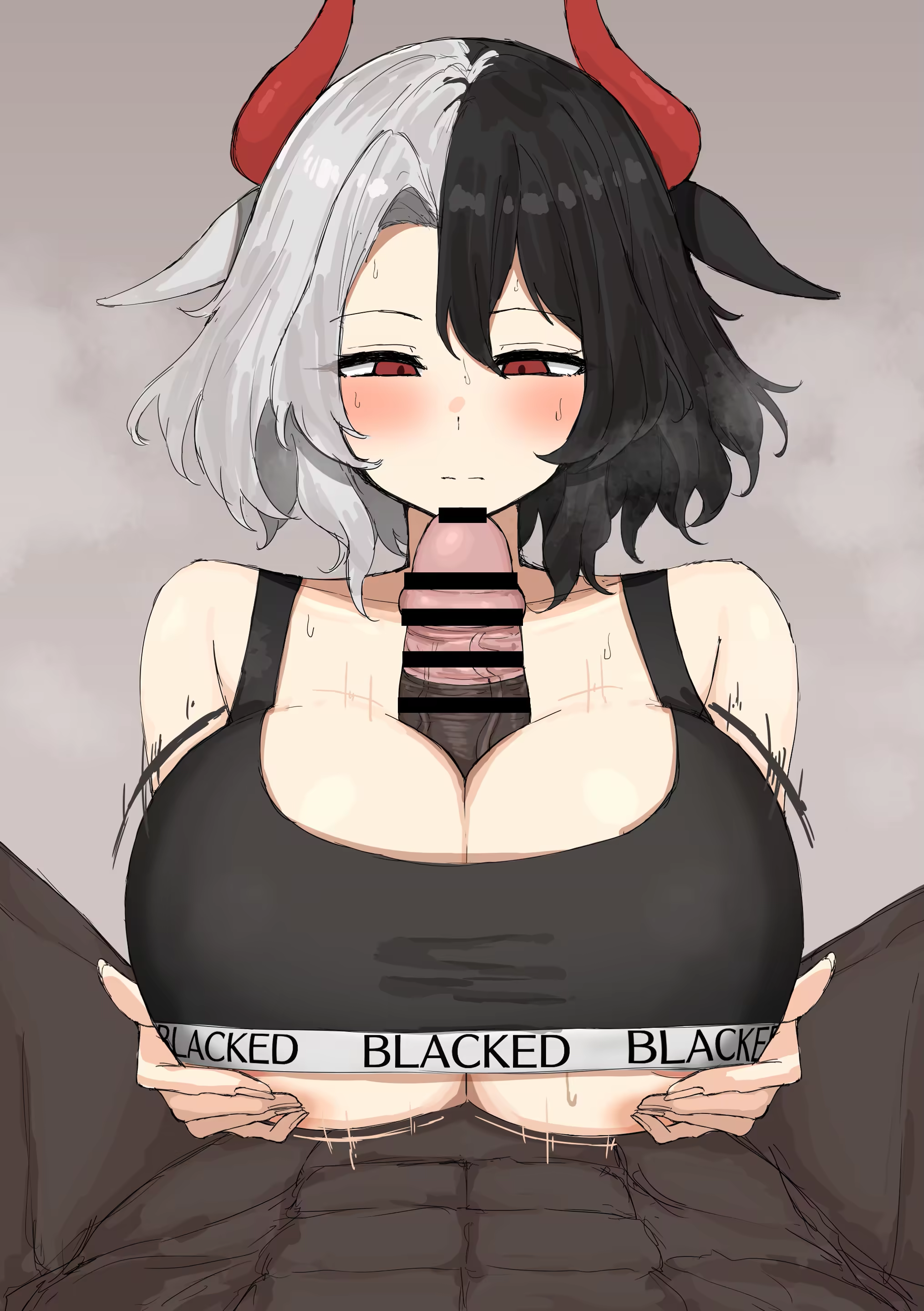 1boy, 1girls, big breasts, big penis, black and white hair, black hair, blacked clothing, boobjob, breasts, censored, cheating, cheating (relationship), clothing, cow ears, cow girl, cow horns, dark skin, dark-skinned male, female, horns, interracial, interspecies, kumiyabe, light skin, light-skinned female, male pov, massive penis, monster girl, motion lines, muscular male, netorare, ntr, offscreen male, paizuri, paizuri lead by female, paizuri on lap, paizuri under clothes, paizuri with gigantic breasts, penis, penis awe, pov, pov male, red eyes, red horns, sports bra, sweat, sweating, titfuck, titjob, touhou, two-tone hair, urumi ushizaki, very dark skin, white hair, youkai
