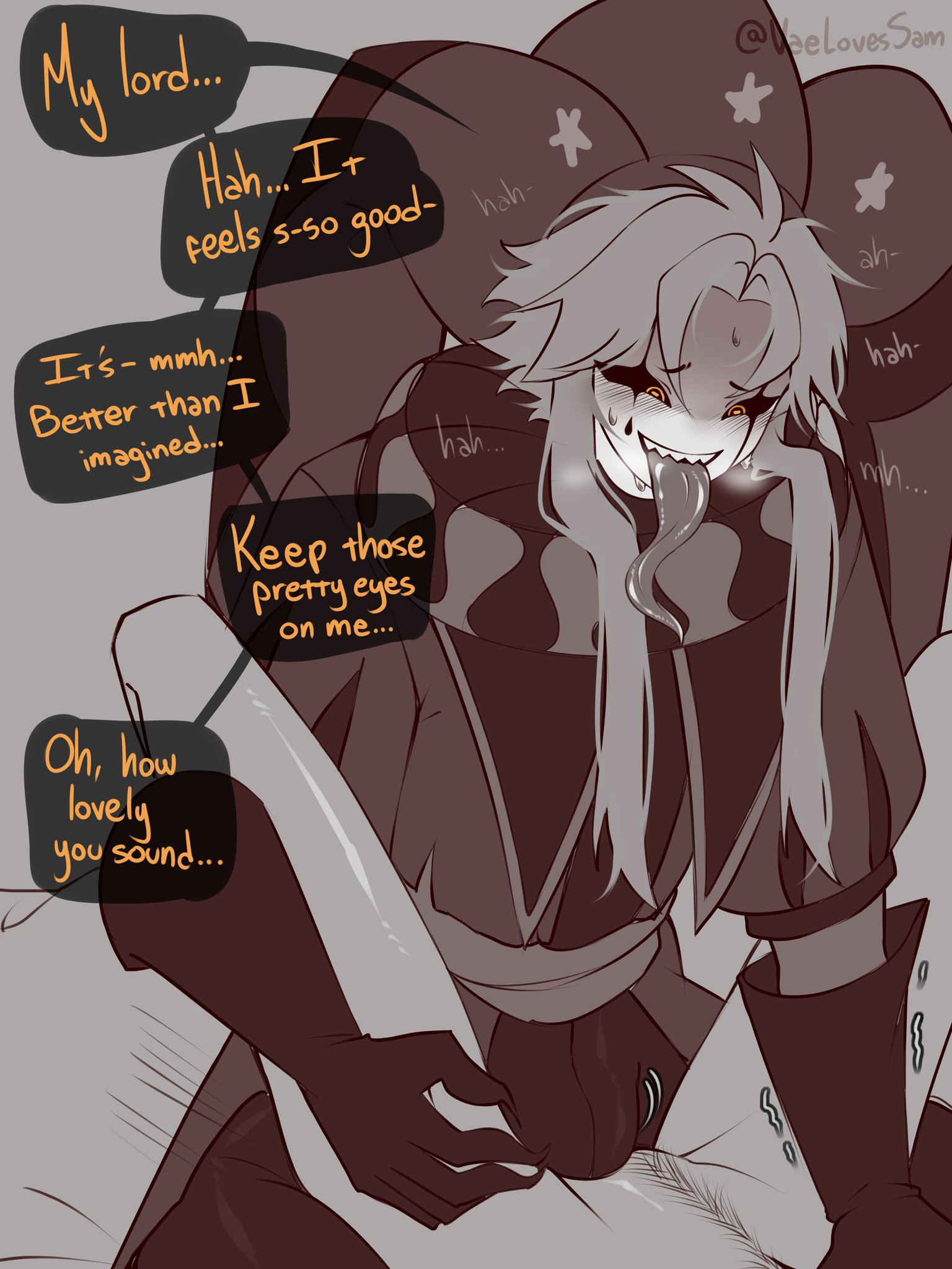 bulge through clothing, eulyy, fully clothed, gay, long tongue, monochrome, no genitals, pierrot (the freak circus), pierrot clothing, rubbing bulge, shiny thighs, tagme, the freak circus, thighs, whimper, whimpering