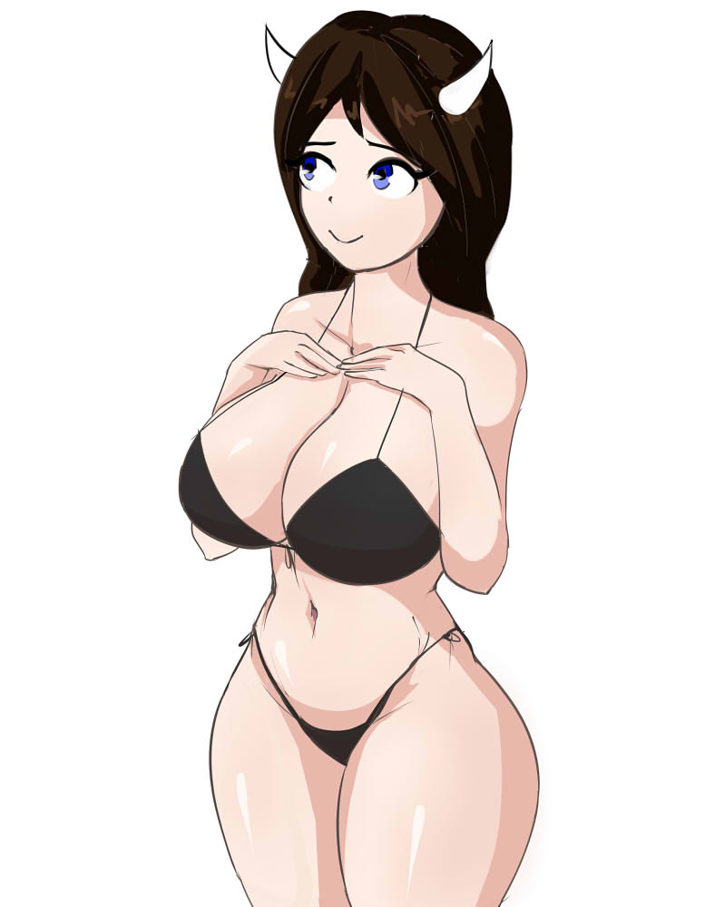 1girls, 2019, 2d, bikini, blue eyes, brown hair, color, cow girl, female, female only, g3mma, horns, light skin, light-skinned female, navel, pale skin, pale-skinned female, simple background, smiling, solo, standing, white background, wide hips