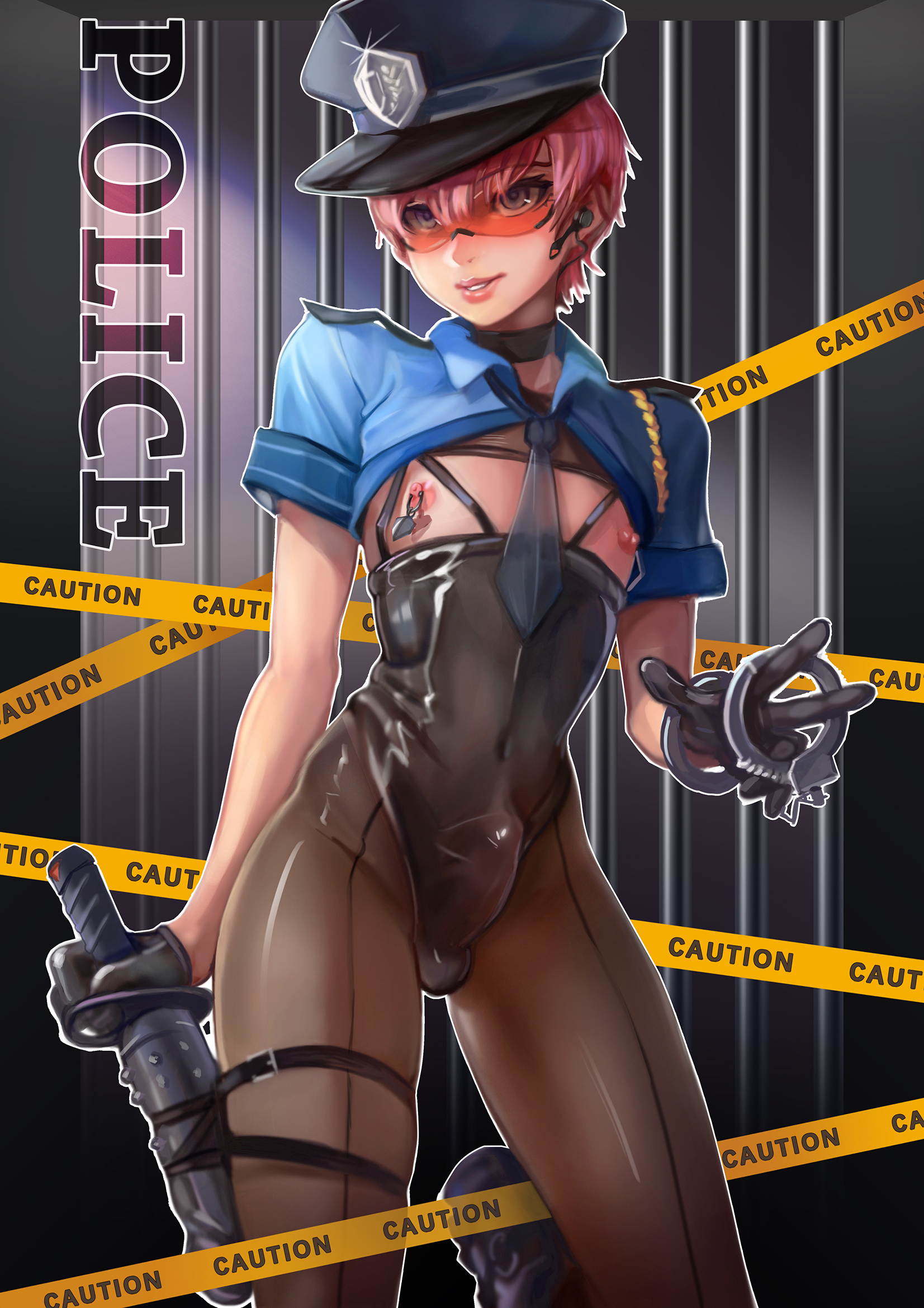 1boy, balls, balls in bodysuit, bodysuit, bulge, erection under clothes, femboy, femboy only, girly, gloves, leotard, male, male only, nipple piercing, nipples, original, pantyhose, penis, penis in bodysuit, penis under clothes, piercing, police, solo, steamed egg
