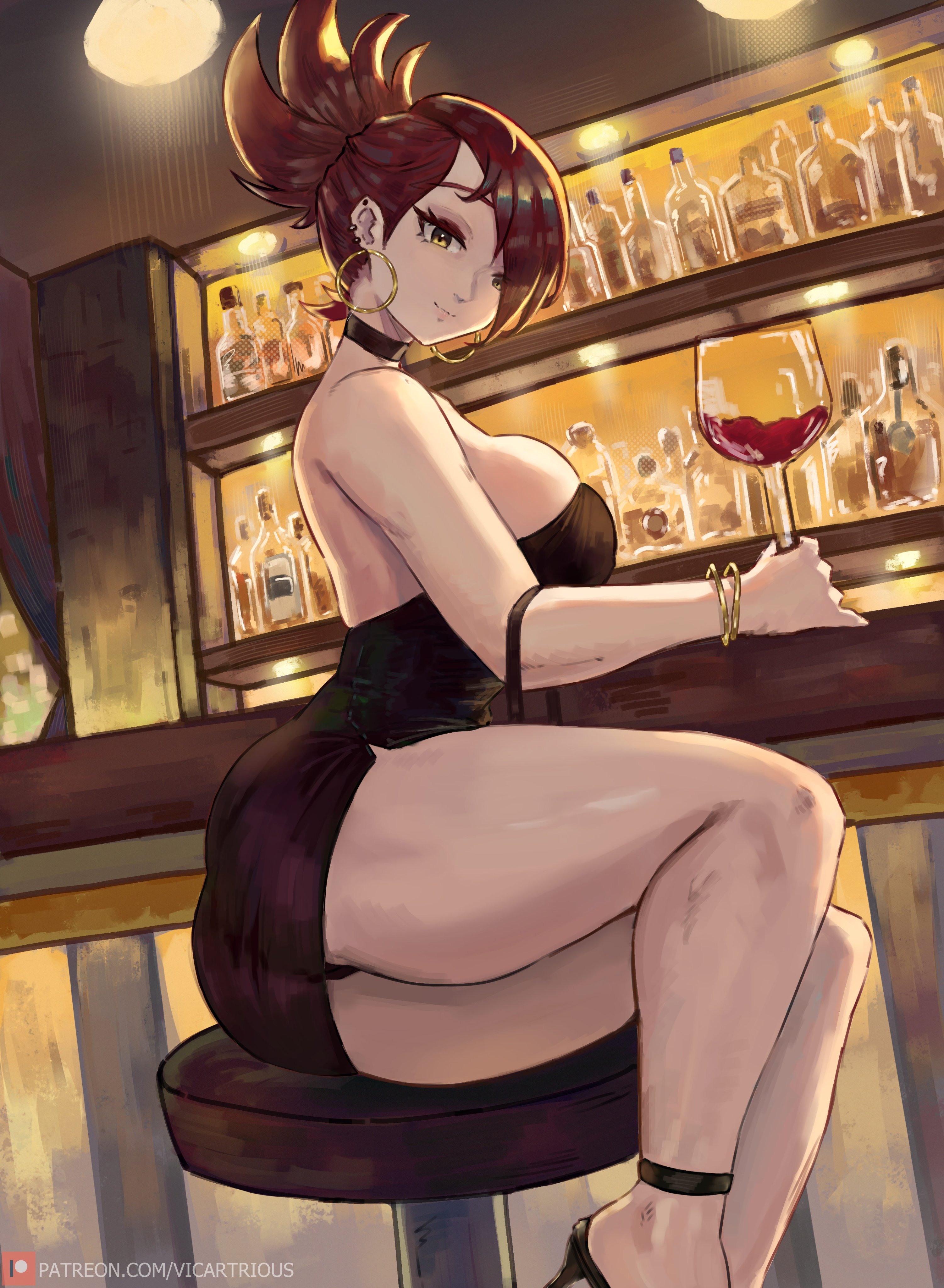 1girl, absurdres, alcohol, alternate breast size (larger), artist name, ass, bar (place), bar stool, bare shoulders, big breasts, black choker, black dress, black nails, blush, bracelet, bracelets, breasts, cartoon network, choker, cleavage, closed mouth, collarbone, counter, cowboy shot, cup, curvy, dress, drinking glass, earrings, foster's home for imaginary friends, frankie foster, frankie foster (black dress), hair up, high ponytail, highres, hoop earrings, indoors, jewelry, large breasts, lips, long hair, looking at viewer, official alternate costume, panties, patreon username, ponytail, red hair, ring, sitting, smile, solo, stool, strapless, thick thighs, thighs, underwear, vicarious, vicarious (vicillust), vicartrious, wine, wine glass