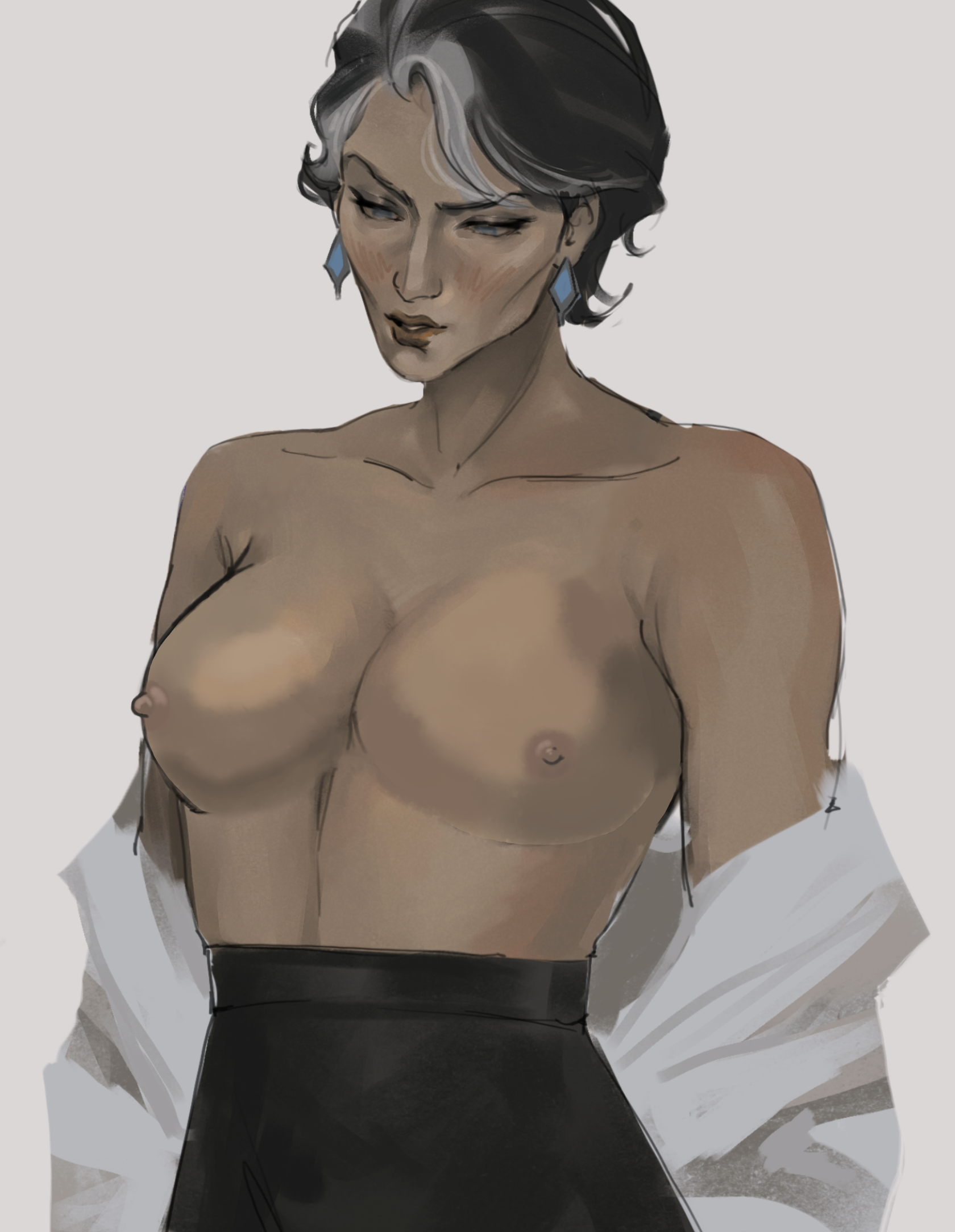1girls, arcane, big breasts, black hair, boobs, breasts, cassandra kiramann, cleavage, cookieduh (edit), dress shirt, earrings, edit, edited by uploader, female, female only, grey hair, greying hair, high waisted skirt, hourglass figure, kahelmoan, mature female, mature woman, milf, naked breasts, nude breasts, old woman, salt and pepper hair, short hair, stripping, taking clothes off, white background