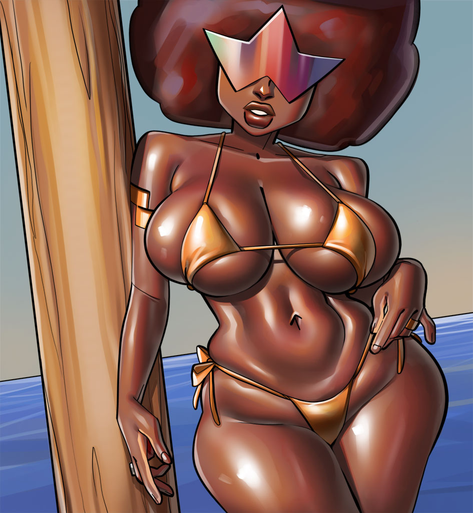 1girls, afro, arm strap, armwear, big breasts, big hair, bikini, bikini bottom, bikini top, bottomwear, breasts, brown hair, cleavage, dark skin, dark-skinned female, eyewear, female, female only, garnet (steven universe), golden bikini, golden week, hair, hips, huge breasts, lips, parted lips, ph, solo, solo female, steven universe, swimwear, thick lips, thick thighs, thighs, topwear, wide hips, yellow bikini