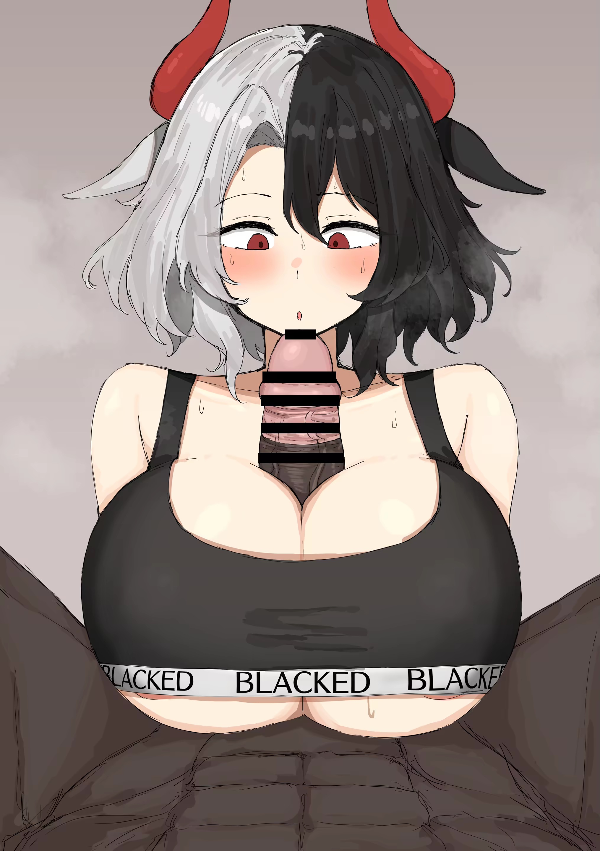 1boy, 1girls, big breasts, big penis, black and white hair, black hair, blacked clothing, boobjob, breasts, censored, cheating, cheating (relationship), clothing, cow ears, cow girl, cow horns, dark skin, dark-skinned male, female, horns, interracial, interspecies, kumiyabe, light skin, light-skinned female, male pov, massive penis, monster girl, muscular male, netorare, ntr, offscreen male, paizuri, paizuri lead by female, paizuri on lap, paizuri under clothes, paizuri with gigantic breasts, penis, penis awe, pov, pov male, red eyes, red horns, repost, sports bra, sweat, sweating, titfuck, titjob, touhou, two-tone hair, urumi ushizaki, very dark skin, white hair, youkai