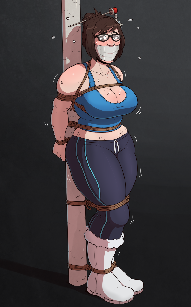 bondage bound brown_eyes brown_hair female fur_boots gag gagged glasses hair_bun hair_ornament hair_stick humiliation large_breasts mei_(overwatch) overwatch pants pole short_hair skelebomb sweat sweating_profusely tape_gag track_pants