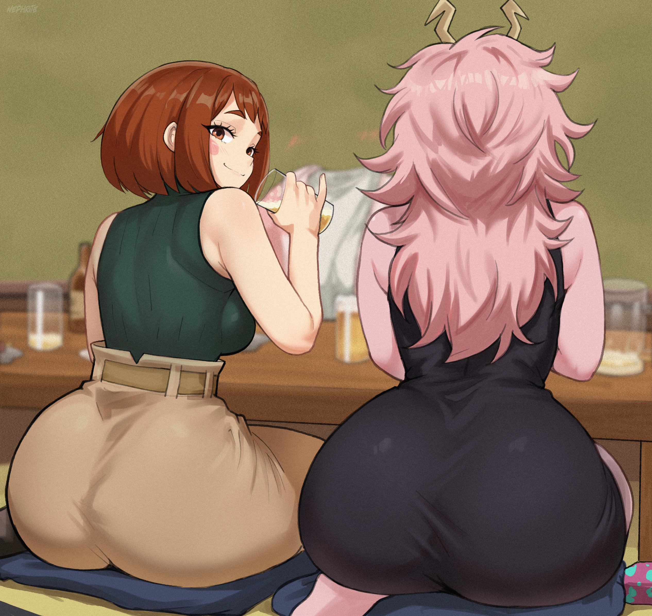 2girls, ass, ass focus, ass of the gods, big ass, big breasts, big butt, boku no hero academia, boku no hero academia (finale), breasts, bubble butt, busty, butt, curves, curvy, dumptruck ass, duo, fat ass, female, female only, huge ass, huge breasts, huge butt, large ass, large breasts, large butt, light-skinned female, mina ashido, multiple girls, my hero academia, my hero academia (finale), nephrite (artist), ochako uraraka, pink body, post-timeskip, spankable ass, thick, thick ass, thick thighs, thighs, uraraka ochako