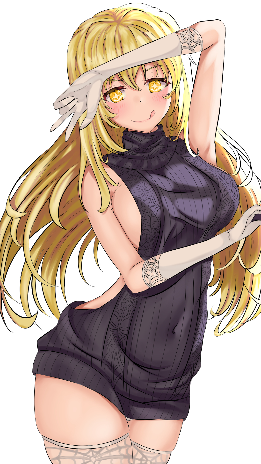 big breasts, blonde hair, breasts, female, gold eyes, shokuhou misaki, sideboob, star eyes, sweater dress, thick thighs, to aru kagaku no railgun, to aru majutsu no index, virgin killer sweater