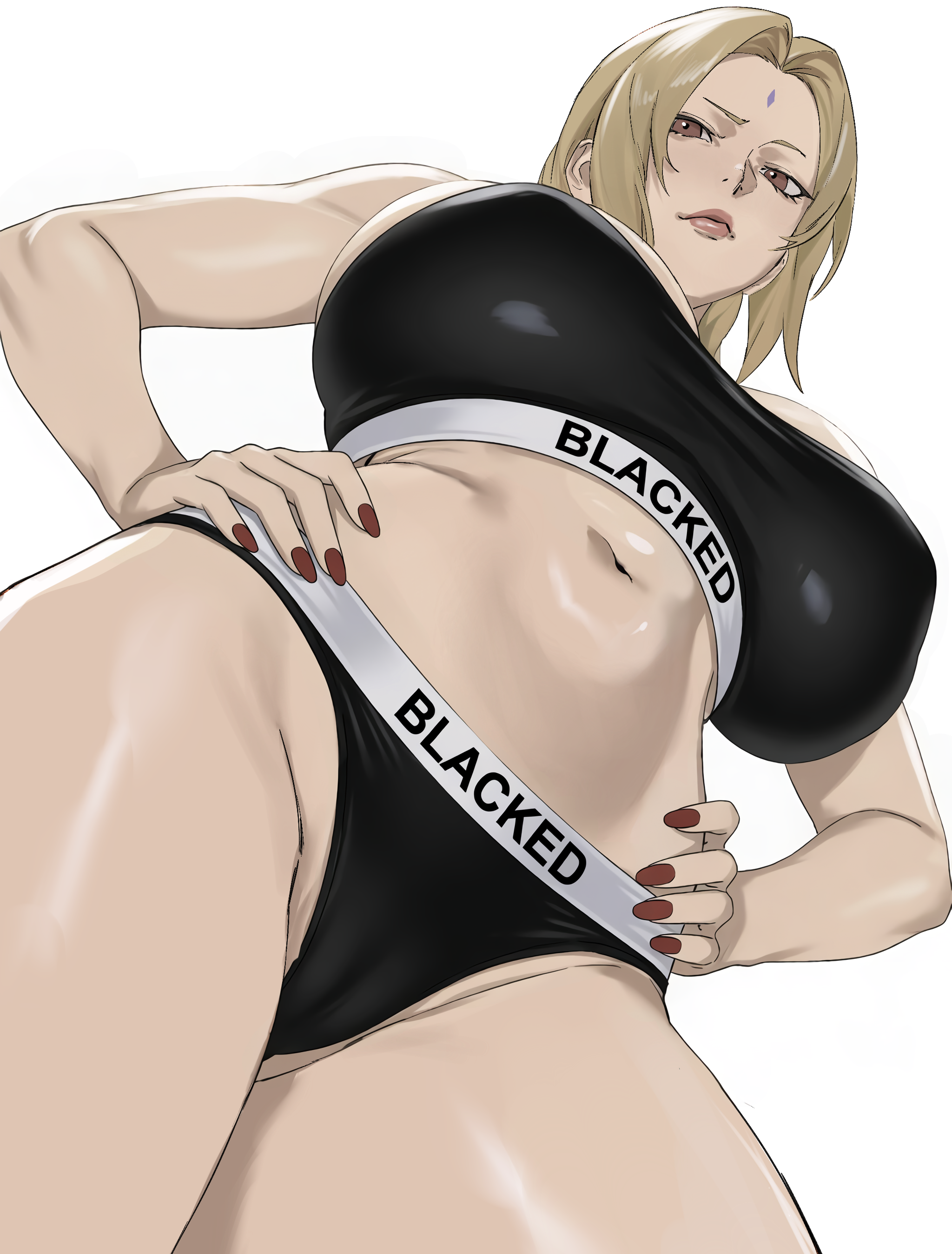 1girls, 2d, absurdres, ai assisted, blacked, blacked clothing, blonde hair, breasts, cleavage, edit, enargeia, facial mark, fat breasts, female, female only, flat belly, forehead mark, full color, full lips, grok, hands on hips, highres, hourglass figure, huge breasts, human female, large breasts, light-skinned female, long hair, looking at viewer, mature female, naruto, naruto (series), navel, no penetration, panties, parted bangs, slim waist, smile, solo, solo female, sports bra, taiyang yu, thick thighs, third-party edit, tsunade, wide hips