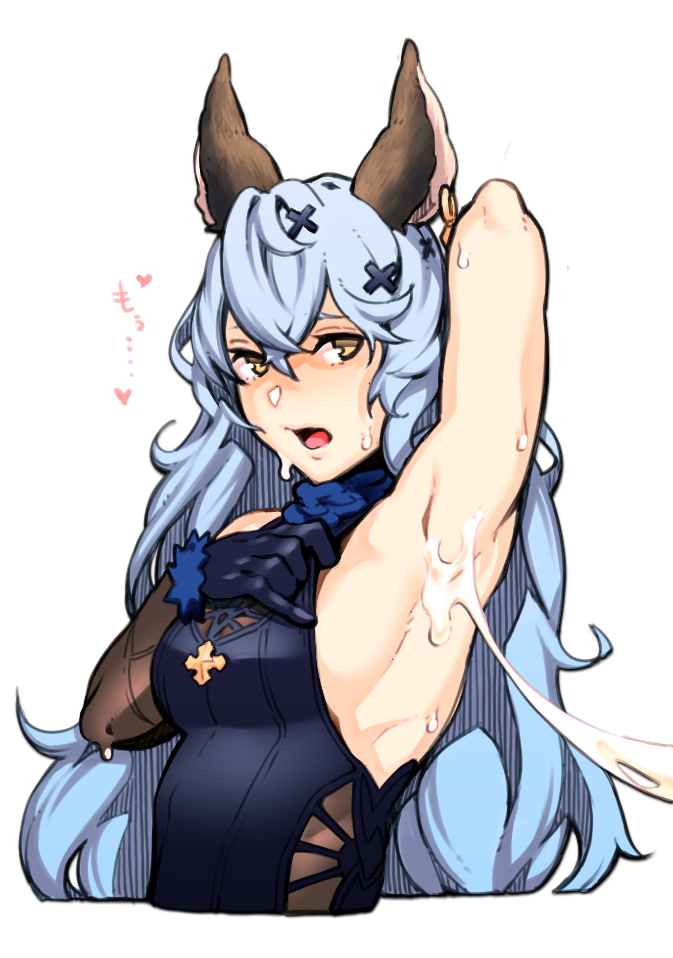 1girls, animal ears, arm up, armpits, blue hair, clothed, cum on armpit, dyun, female, ferry (granblue fantasy), gloves, granblue fantasy, heart, long hair, looking at viewer, open mouth, upper body, wet, white background, yellow eyes