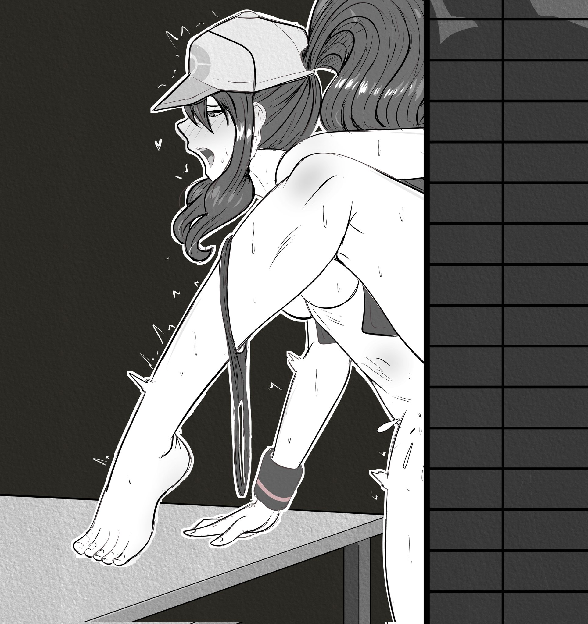 1girls, barefoot, black and white, breasts, feet, fuzzlogik, game freak, heart, hilda (pokemon), human, human female, implied sex, medium breasts, nintendo, pokemon, pokemon bw
