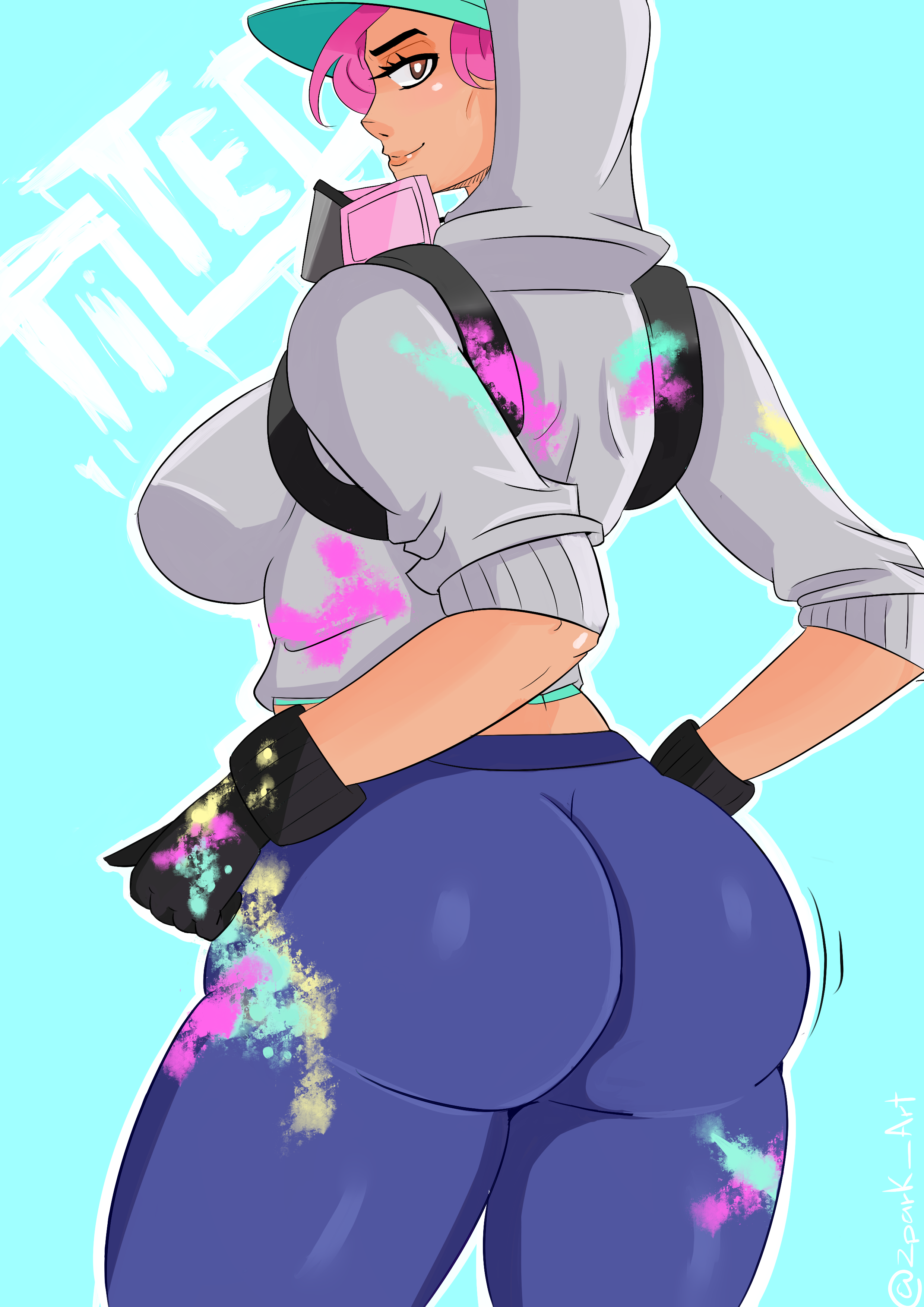 1girls, ass, ass crack, back view, baseball cap, big ass, big breasts, big butt, breasts, brown eyes, butt crack, dark skin, dark-skinned female, female, fortnite, hand on hip, hat, hood, hoodie, looking at viewer, looking back, paint splatter, pink hair, sideboob, solo, solo female, sweatpants, tagme, tan, teknique, thick ass, thick thighs, zpark