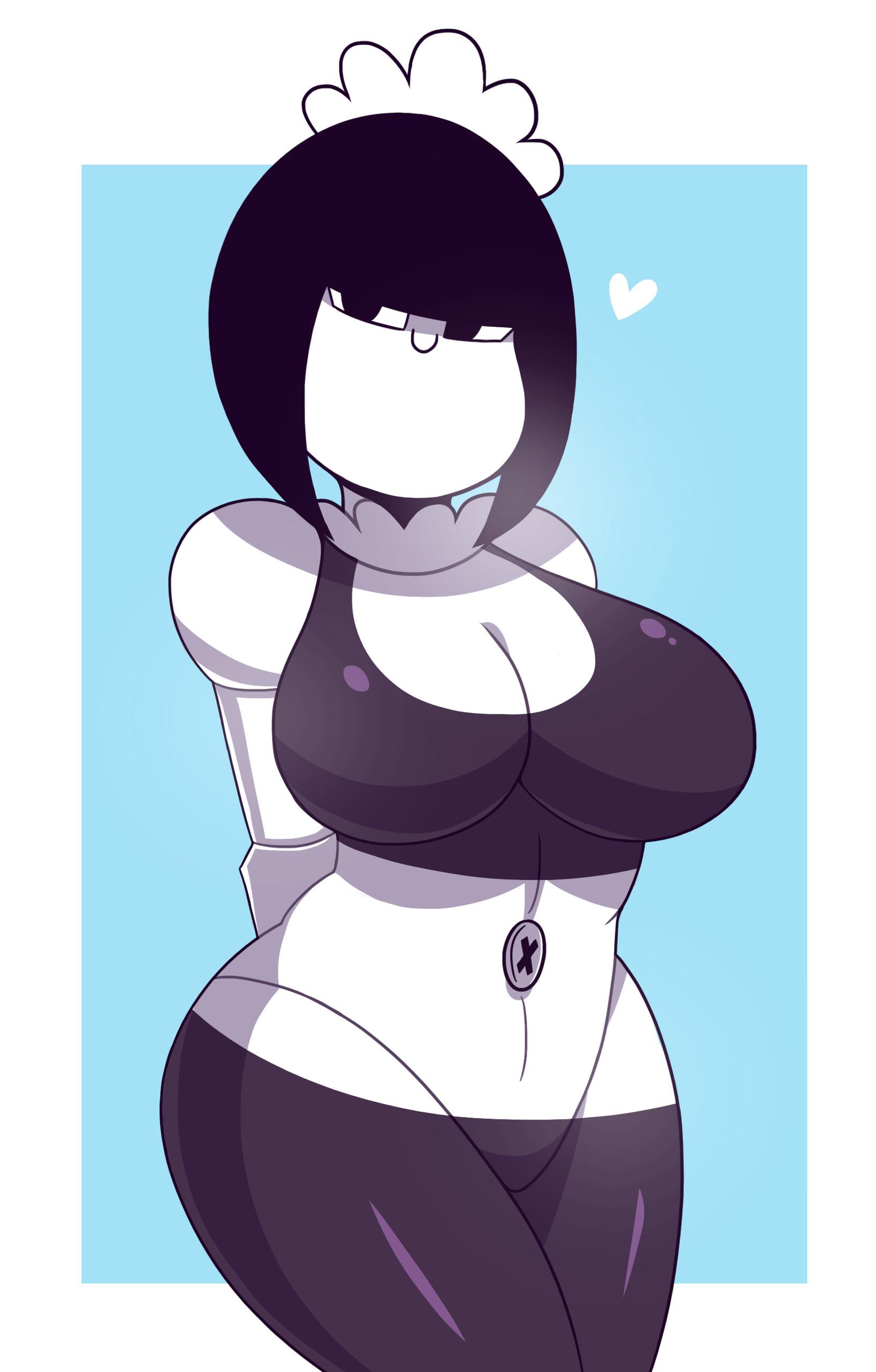 1girls, androjuniarto, big breasts, black hair, breasts, female, maidbot (androjuniarto), mob face, robot, short hair, solo, sports bra, whale tail, white skin, yoga pants