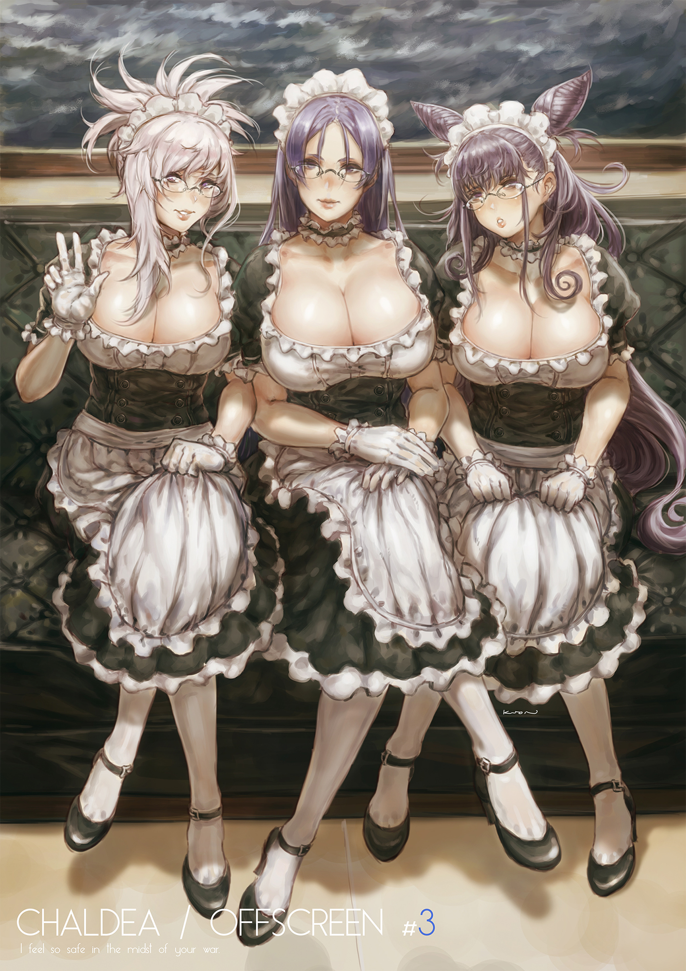3girls, breasts, cleavage, fate (series), fate/grand order, female, female only, glasses, huge breasts, looking at viewer, maid, maid headdress, minamoto no raikou (fate), minamoto no raikou (fate/grand order), miyamoto musashi (fate), murasaki shikibu (fate), prinzkuon