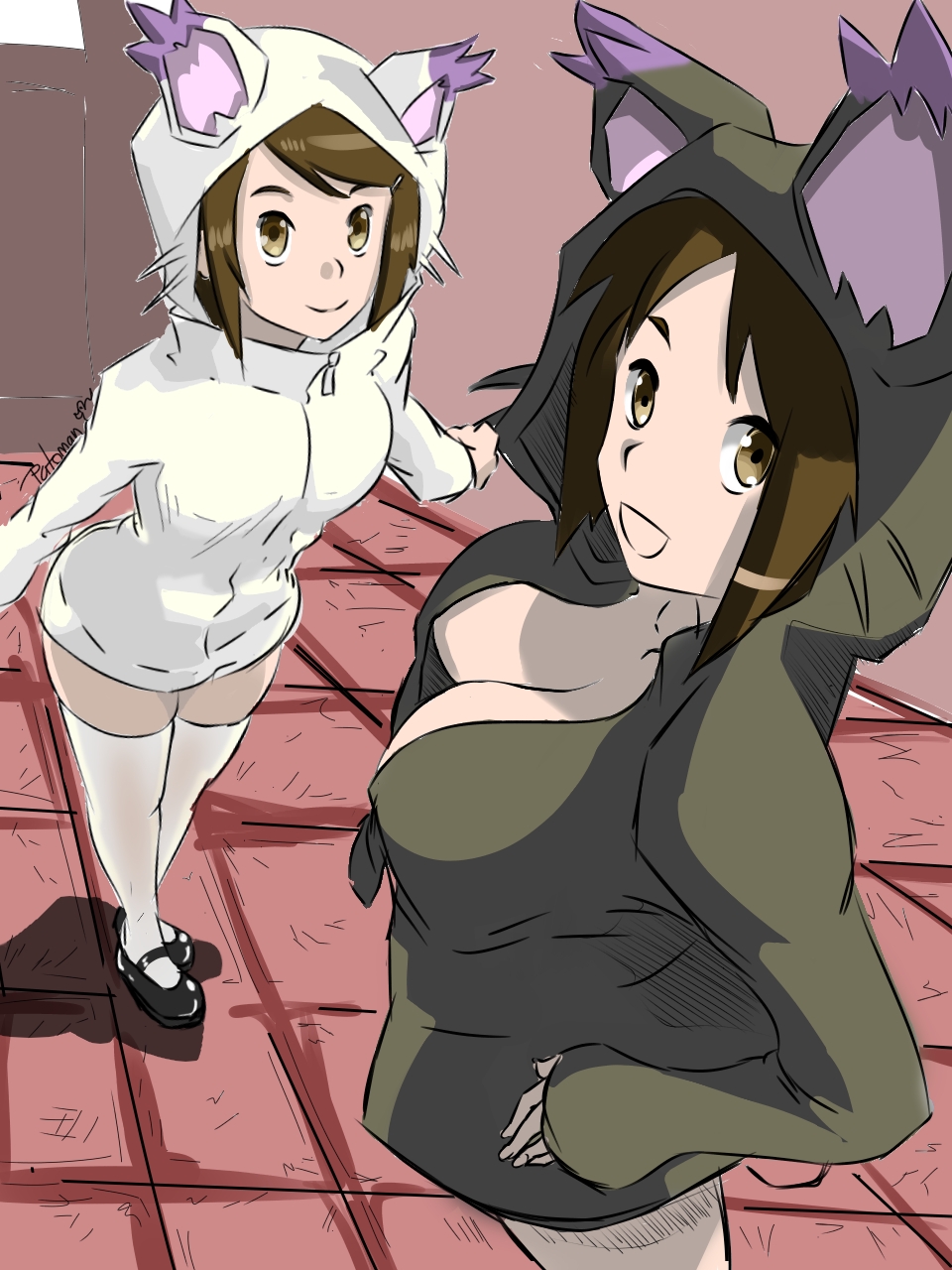 artist_request big_breasts blackgatomon blackgatomon_(cosplay) blacktailmon blacktailmon_(cosplay) breasts brown_eyes brown_hair cat_ears cleavage cleavage_cutout cosplay daughter digimon digimon_(cosplay) digimon_adventure digimon_adventure_02 digimon_adventure_tri. gatomon gatomon_(cosplay) hikari_yagami hoodie human milf mother mother_and_daughter source_request tailmon tailmon_(cosplay) toei_animation yuuko_yagami