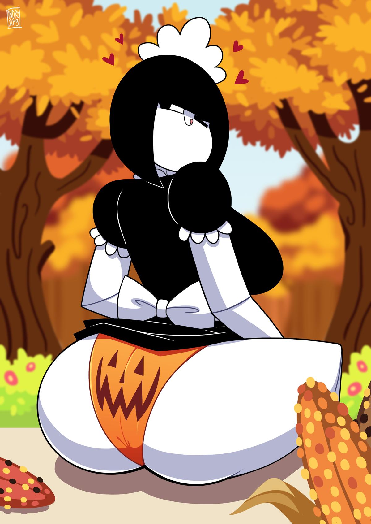 1girls, androjuniarto, ass, ass focus, back view, dress lift, female, looking at viewer, looking back, maidbot (androjuniarto), mob face, panties, pumpkin butt, tagme, wink