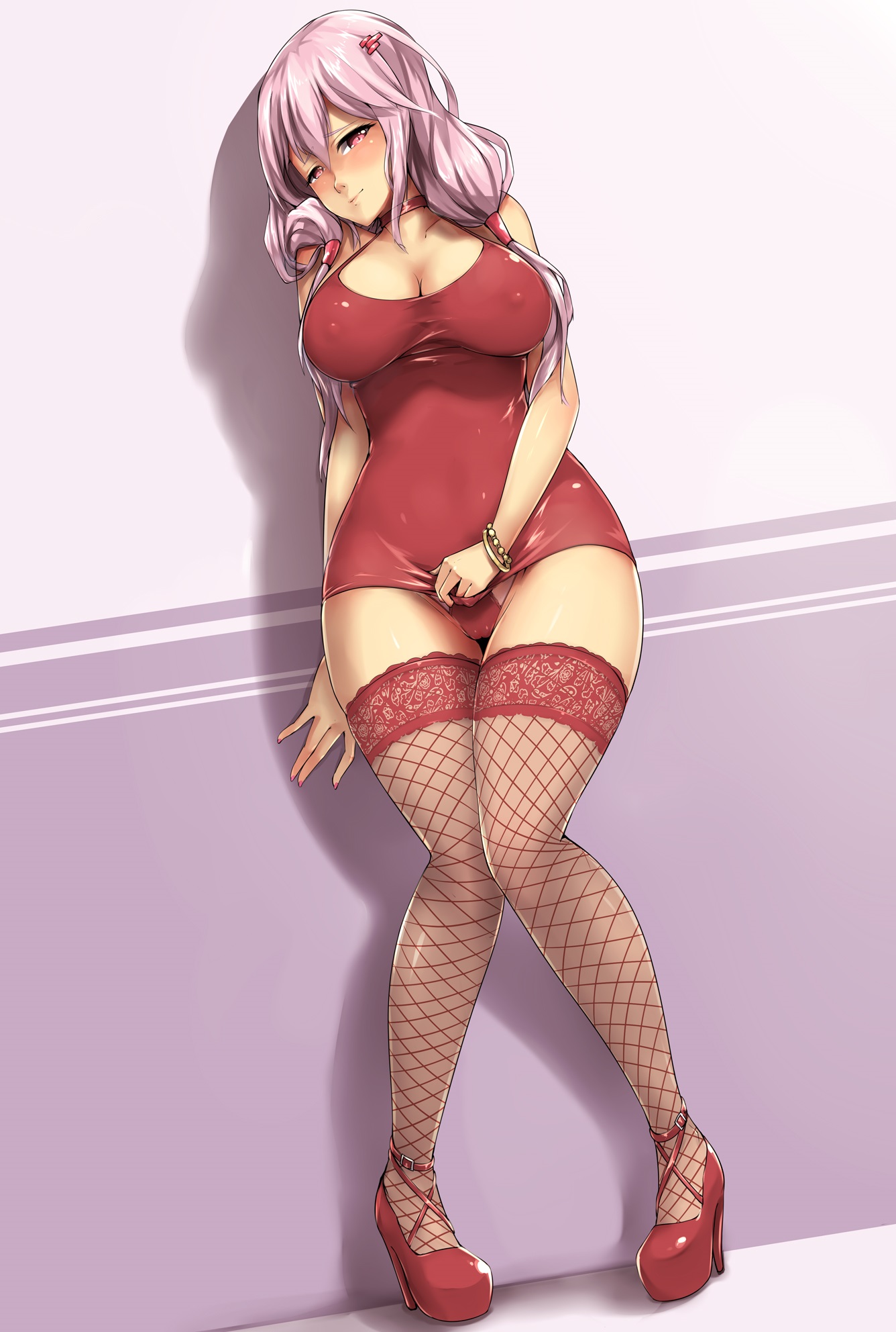 bimbo, blush, breasts, erect nipples, erect nipples under clothes, female, fishnets, heels, high heels, large breasts, looking at viewer, nipples, panties, pink hair, red clothing, red dress, red panties, tight clothing
