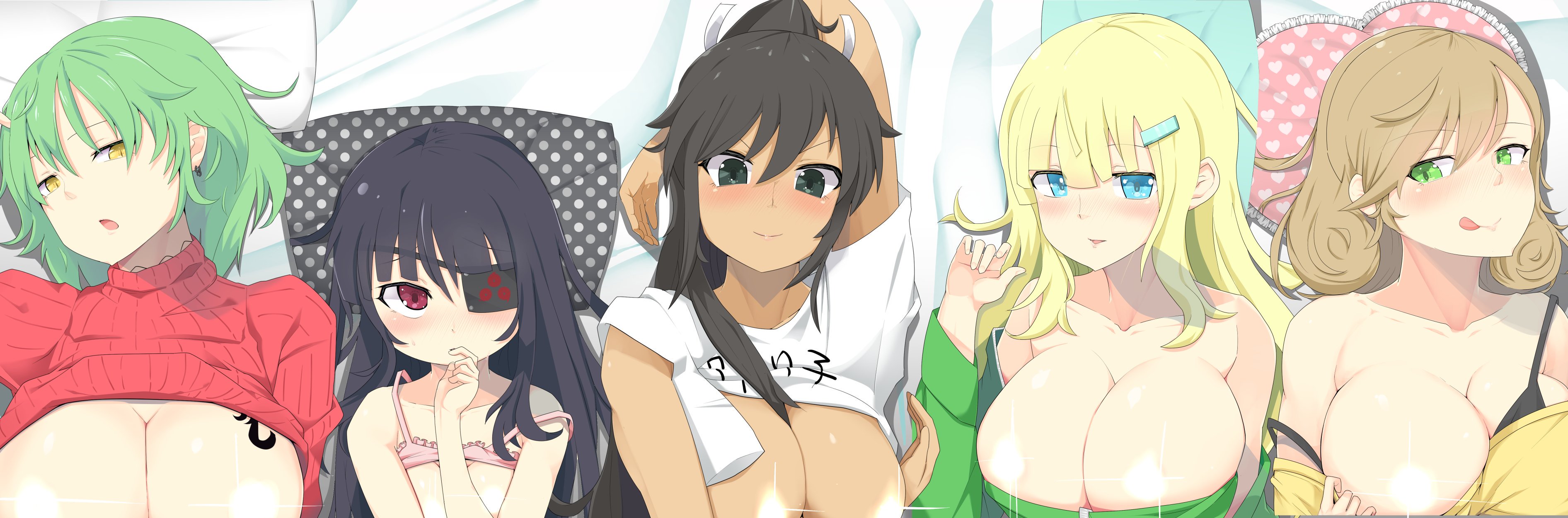 5girls, amidori, blush, breasts, censored, eyepatch, female, haruka (senran kagura), hikage (senran kagura), homura (senran kagura), large breasts, licking lips, looking at viewer, mirai (senran kagura), multiple females, multiple girls, pointless censoring, senran kagura, shirt pull, small breasts, yomi (senran kagura)