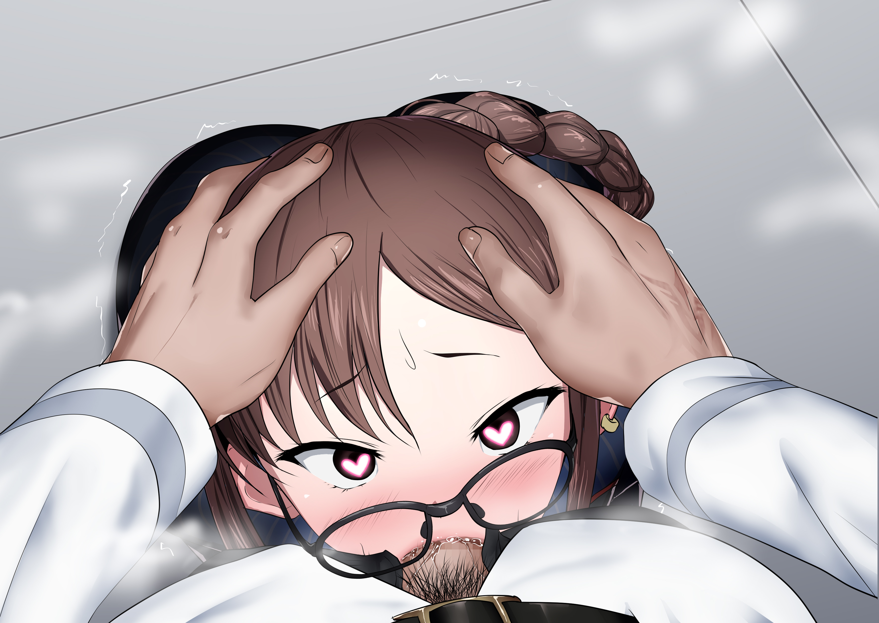 :>=, 1boy, blush, chinese female, deepthroat, fate (series), fate/grand order, fellatio, female, fujimaru ritsuka (male), head grab, heart, heart-shaped pupils, high resolution, hypnosis, hypnotized, irrumatio, male, megane, mind break, mind control, netorare, oral, pov, symbol-shaped pupils, very high resolution, yu mei-ren (fate)